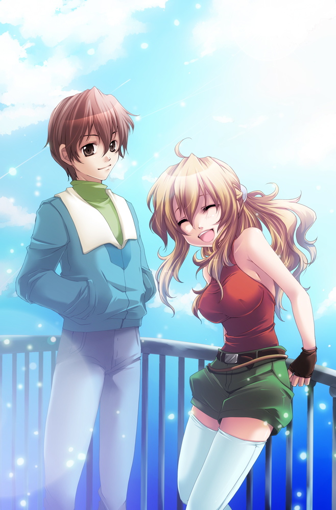 shinolion, takitsume shino, christina sierra, lichtendahl tsery, gundam, gundam 00, bad id, bad pixiv id, 00s, 1boy, 1girl, ahoge, bare shoulders, belt, breasts, brown hair, closed eyes, cloud, covered erect nipples, day, fingerless gloves, gloves, happy, large breasts, long hair, open mouth, outdoors, ponytail, shinorion, shorts, sky, smile, thighhighs