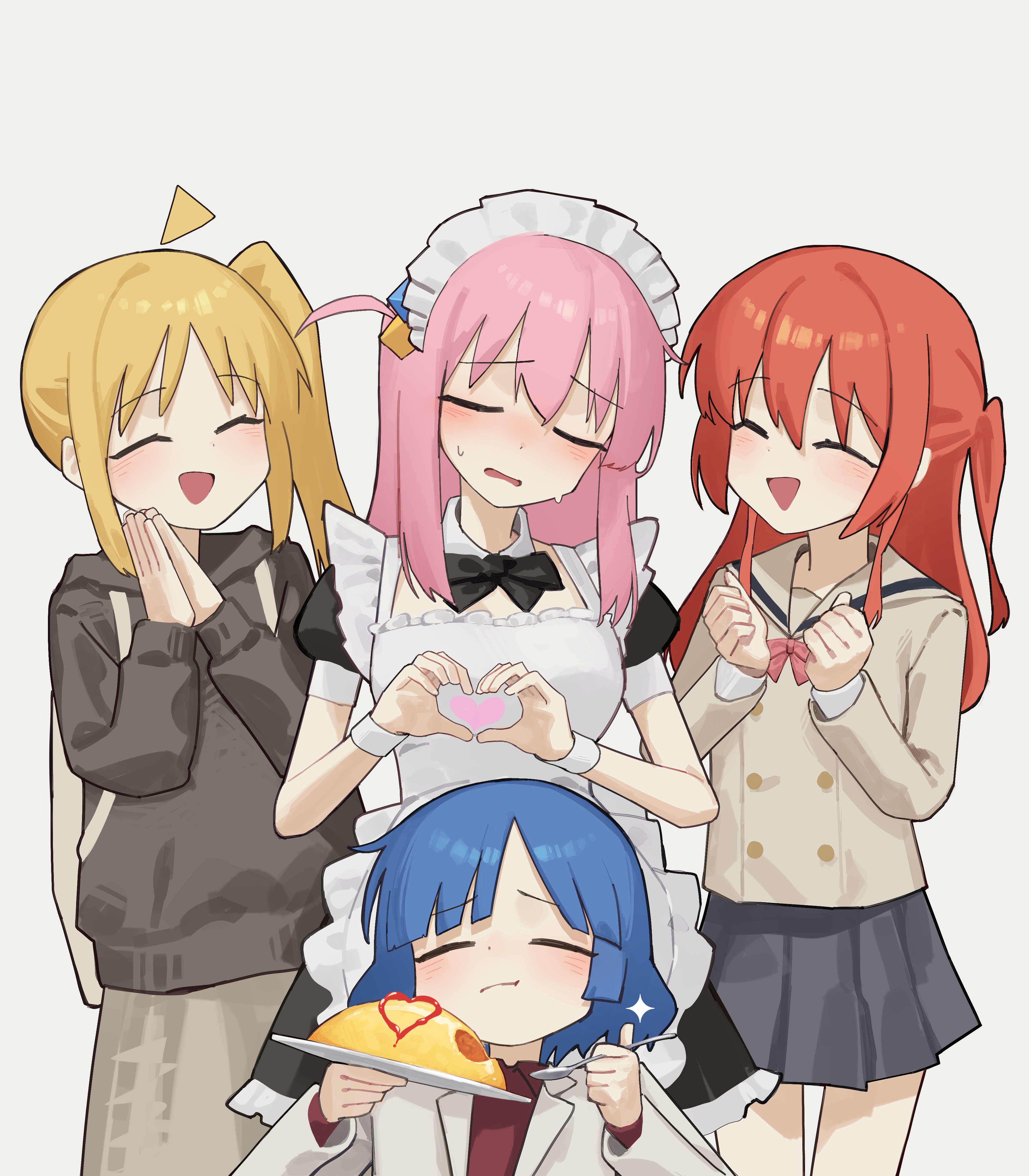 yoon cook, gotoh hitori, ijichi nijika, kita ikuyo, yamada ryo, bocchi the rock!, absurdres, highres, 4girls, ahoge, apron, backpack, bag, black bow, black bowtie, black dress, black hoodie, blonde hair, blue hair, blush, bow, bowtie, breasts, clenched hands, closed eyes, cube hair ornament, detached ahoge, dress, eating, food, hair ornament, heart, heart hands, holding, holding plate, holding spoon, hood, hood down, hoodie, ketchup, long hair, long sleeves, maid headdress, multiple girls, omelet, omurice, open mouth, own hands together, pink hair, plate, red hair, school uniform, side ponytail, simple background, skirt, spoon, sweat, white apron