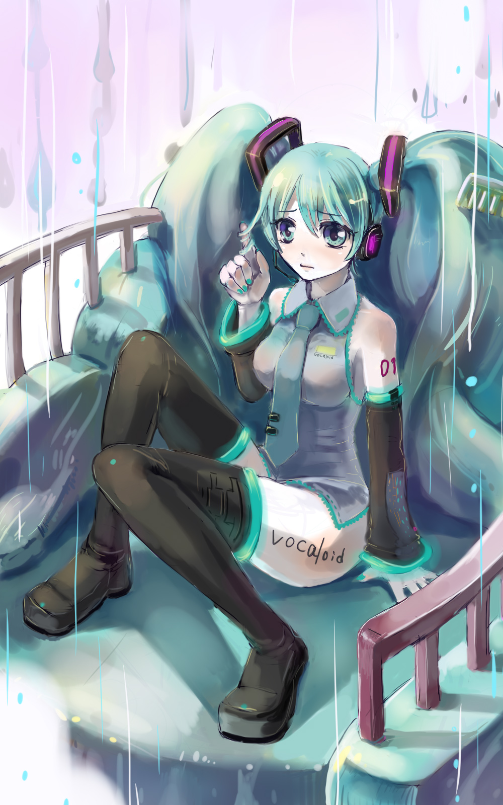 otosume ruiko, hatsune miku, vocaloid, highres, 1girl, boots, bottomless, breasts, detached sleeves, female focus, green eyes, green hair, headphones, long hair, matching hair/eyes, microphone, necktie, sitting, solo, thigh boots, thighhighs, twintails, twirling hair