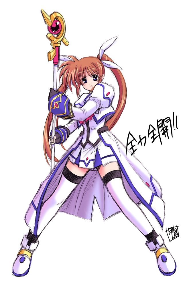 kamogawa tanuki, raising heart, raising heart (accel mode), takamachi nanoha, takamachi nanoha (aggressor mode), lyrical nanoha, mahou shoujo lyrical nanoha, mahou shoujo lyrical nanoha strikers, translation request, 00s, 1girl, blue eyes, brown hair, female focus, skirt, solo, staff, thighhighs, twintails