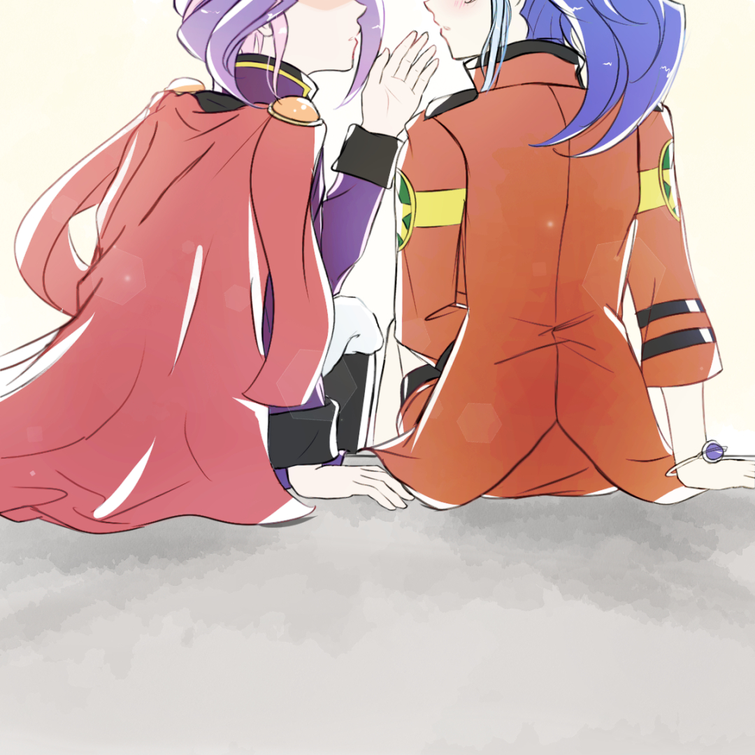 toraawa64, joeri (yu-gi-oh!), serena (yu-gi-oh!), yu-gi-oh!, yu-gi-oh! arc-v, 1boy, 1girl, bracelet, cape, from behind, jacket, jewelry, long sleeves, looking at another, ponytail, purple hair, purple jacket, red jacket, sitting, white background