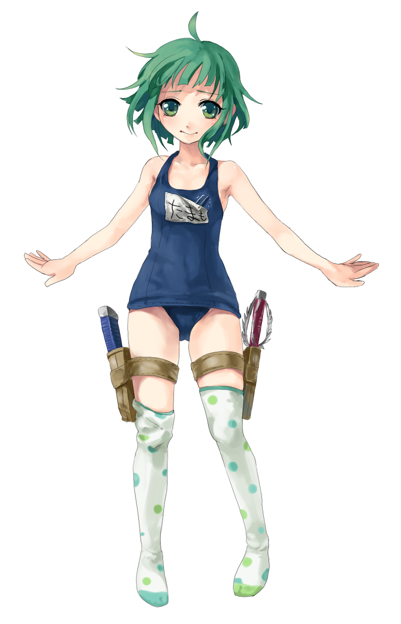 otosume ruiko, saijo tamamo, saijou tamamo, zaregoto series, highres, 1girl, ahoge, female focus, full body, green eyes, green hair, holster, matching hair/eyes, one-piece swimsuit, patterned legwear, polka dot, polka dot legwear, school swimsuit, simple background, solo, swimsuit, thigh strap, thighhighs