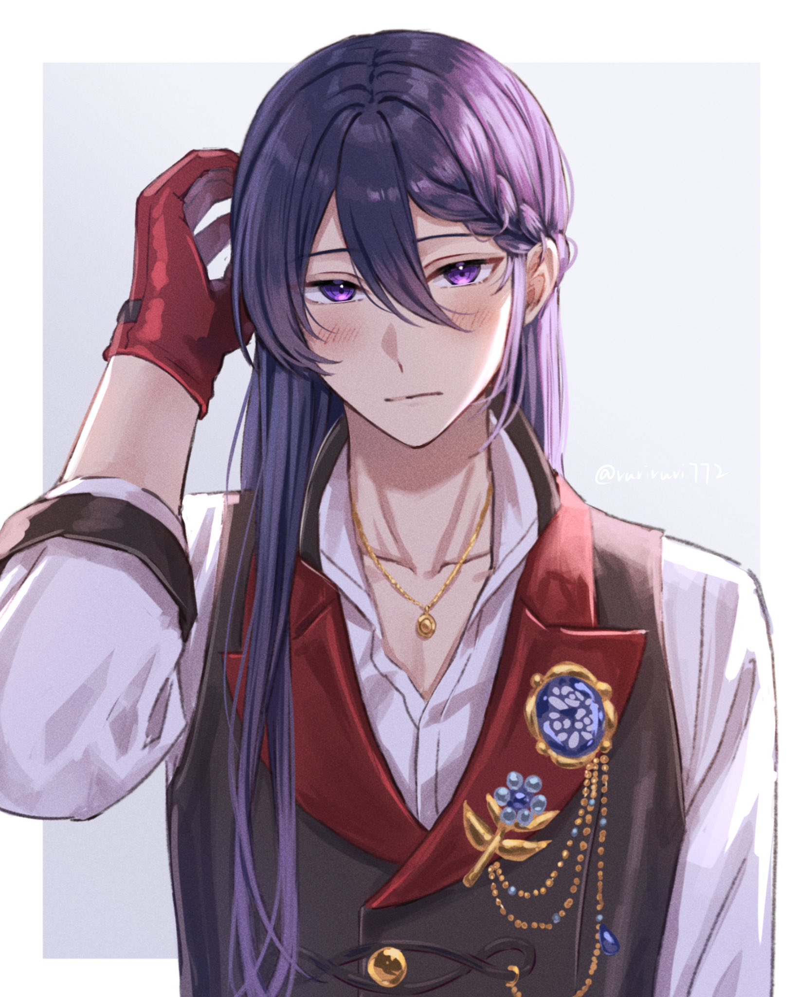 ruriruri772, kanzaki souma, ensemble stars!, highres, 1boy, alternate costume, arm up, backlighting, bishounen, black vest, blush, border, brooch, closed mouth, collarbone, collared shirt, gloves, gold necklace, grey background, hair between eyes, hair down, hair intakes, half crown braid, hand on own head, head tilt, jewelry, long hair, looking at viewer, male focus, necklace, official alternate costume, outside border, purple eyes, purple hair, raised eyebrows, red gloves, shade, shirt, single sidelock, solo, three-quarter sleeves, twitter username, upper body, vest, white border, white shirt