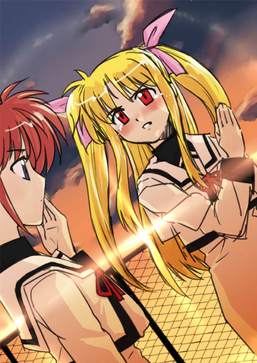 kida sougetsu, fate testarossa, takamachi nanoha, lyrical nanoha, mahou shoujo lyrical nanoha, mahou shoujo lyrical nanoha a's, 00s, 2girls, blonde hair, multiple girls, school uniform, serafuku, slapping, sunset