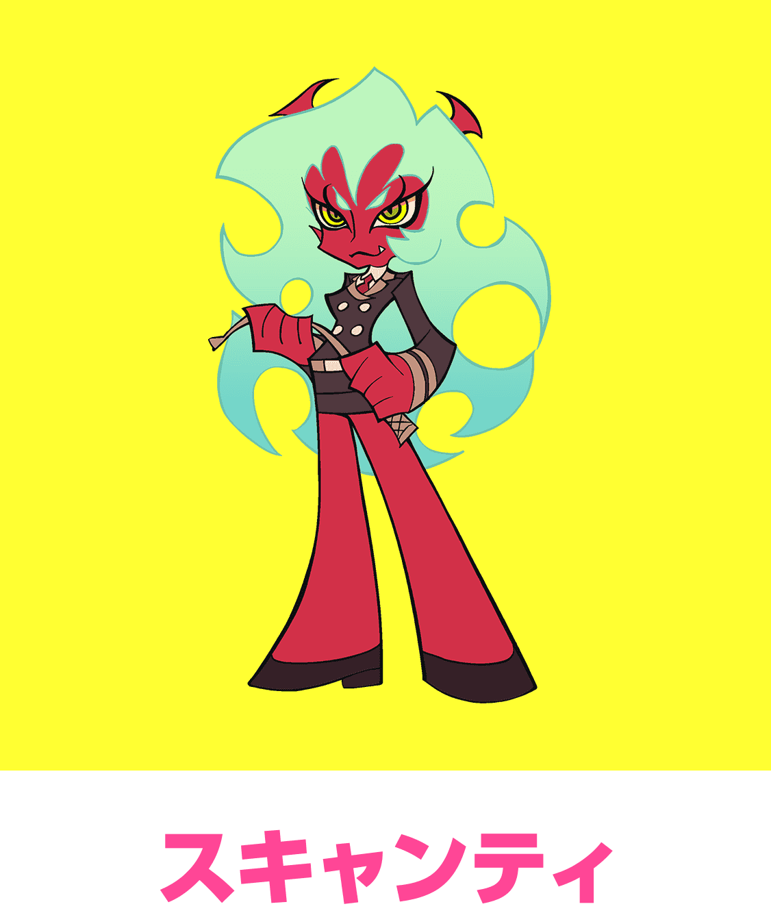 scanty (psg), panty & stocking with garterbelt, trigger (company), highres, official art, 1girl, bare legs, belt, breasts, brown belt, brown jacket, brown shoes, brown skirt, brown sleeves, buttons, character name, closed mouth, collared shirt, colored skin, demon, demon girl, demon horns, double-breasted, double gold lacytanga (psg), english text, eyelashes, fang, fang out, formal clothes, full body, glowing, glowing weapon, gradient hair, green hair, green pupils, gun, handgun, horns, jacket, lapels, large hands, legs apart, logo, long hair, long sleeves, looking at viewer, medium breasts, miniskirt, multicolored hair, nail polish, necktie, no humans, notched lapels, parted bangs, parted hair, pencil skirt, pointy breasts, red horns, red necktie, red skin, revolver, rope, sharp teeth, shirt, shoes, simple background, skirt, skirt set, smile, solo, teeth, thick eyebrows, thick lineart, undershirt, very long hair, wavy hair, weapon, white shirt, yellow background, yellow eyes, yellow nails