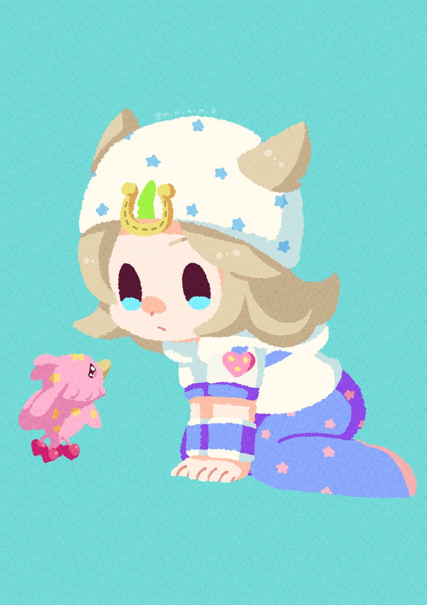 m a a m 8, johnny joestar, tusk (stand), tusk act1, jojo no kimyou na bouken, steel ball run, commentary, highres, symbol-only commentary, 1boy, 1other, all fours, aqua background, beanie, blonde hair, blue eyes, blue pants, blue sleeves, chibi, chibi only, closed mouth, colored skin, film grain, hat, heart ornament, hood, hood down, hoodie, horseshoe hat ornament, horseshoe ornament, kneeling, male focus, medium hair, no lineart, pants, pink skin, short sleeves, solo, stand (jojo), star (symbol), star print, two-tone sleeves, white hat, white hoodie, white sleeves, wristband
