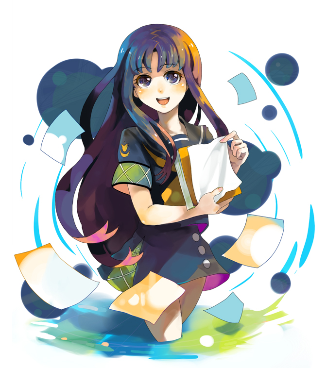 otosume ruiko, hagihara shiogi, zaregoto series, 1girl, female focus, flying paper, long hair, paper, school uniform, serafuku, solo