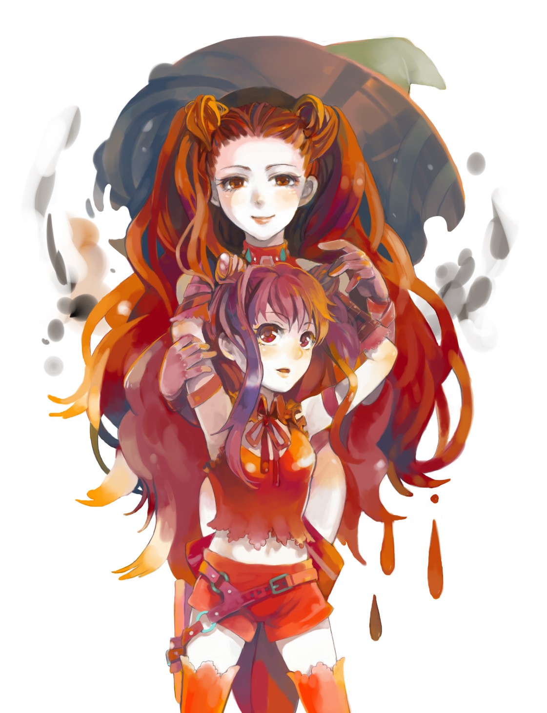 otosume ruiko, mizukura risuka, mahou shoujo risuka, shin honkaku mahou shoujo risuka, highres, 2girls, aged up, brown eyes, brown hair, hat, holster, long hair, midriff, multiple girls, red eyes, red hair, shorts, thighhighs, witch hat