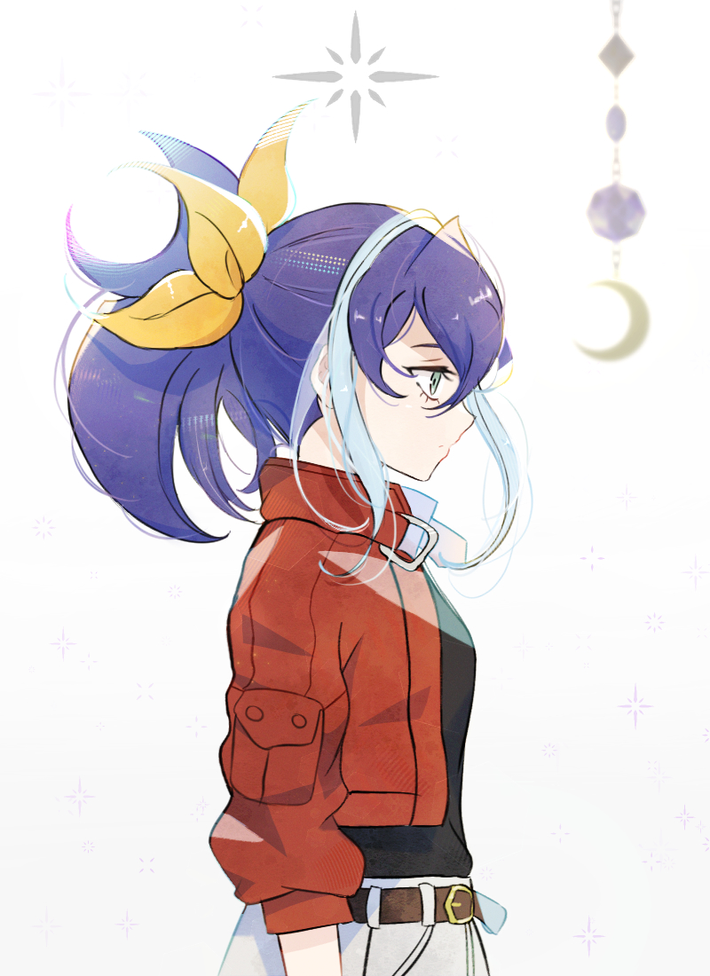 toraawa64, serena (yu-gi-oh!), yu-gi-oh!, yu-gi-oh! arc-v, 1girl, belt, belt buckle, black shirt, blue hair, bow, brown belt, buckle, closed mouth, from side, green eyes, hair bow, jacket, multicolored hair, open clothes, open jacket, ponytail, purple hair, red jacket, shirt, solo, two-tone hair, upper body, white background, yellow bow