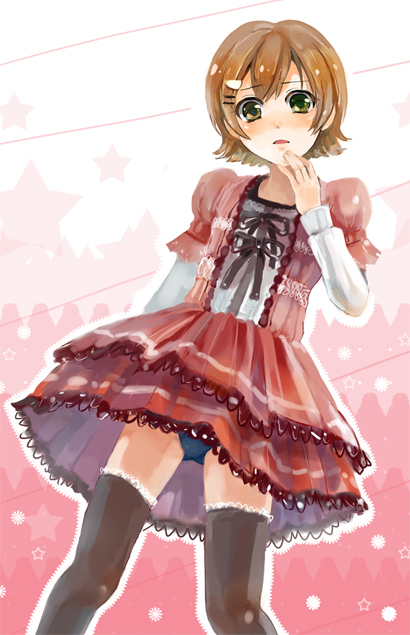 otosume ruiko, mako-chan (minami-ke), makoto (minami-ke), minami-ke, 00s, 1boy, brown hair, dress, gothic lolita, green eyes, lolita fashion, male focus, panties, pantyshot, short hair, solo, thighhighs, trap, underwear