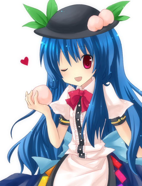 mayufu, yukishiro mafuyu, hinanawi tenshi, touhou, bad id, bad pixiv id, 1girl, blue hair, female focus, food, fruit, hat, holding, holding food, holding fruit, long hair, one eye closed, peach, ribbon, solo, wink