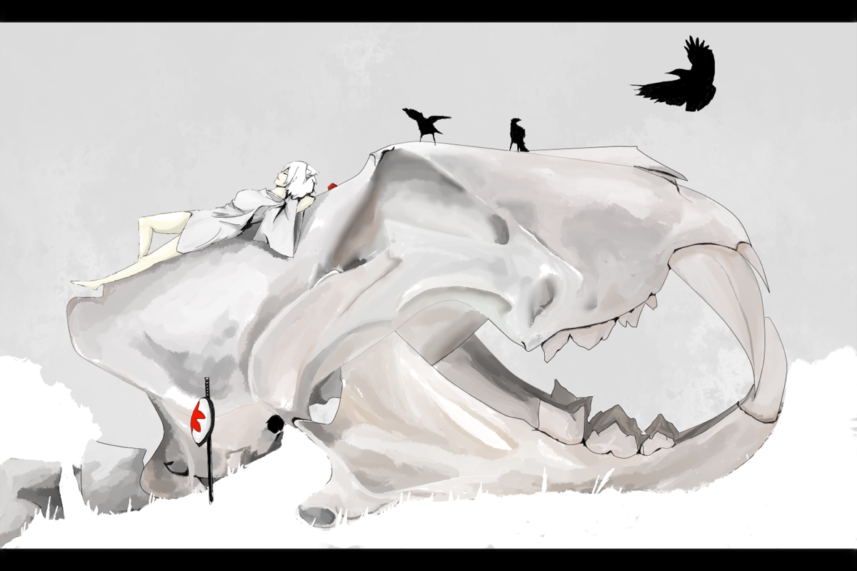 y-3, inubashiri momiji, touhou, bad id, bad pixiv id, 1girl, barefoot, bird, bone, crow, female focus, letterboxed, monochrome, pale color, skull, sleeping, solo, white theme, wolf ears