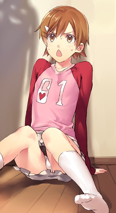 ginka sima, mako-chan (minami-ke), makoto (minami-ke), minami kana, minami-ke, bad id, bad pixiv id, 00s, 1boy, brown eyes, brown hair, crossdressing, crossdressing (mtf), feet, hair ornament, hairclip, heart, kneehighs, male focus, panties, raglan sleeves, shadow, sitting, skirt, socks, solo, sweat, trap, underwear, upskirt, you gonna get raped