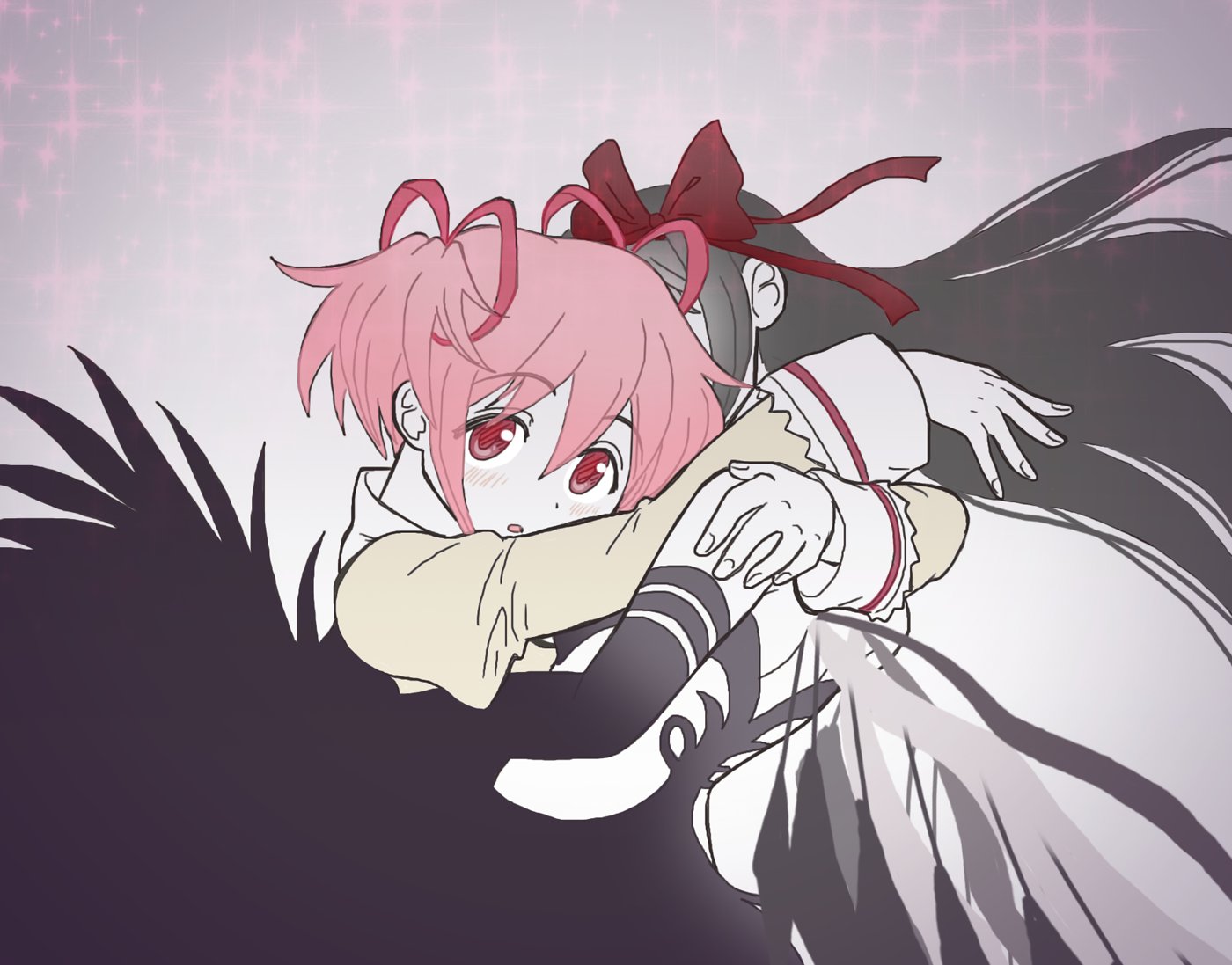 yui (jisatsu), akemi homura, akuma homura, kaname madoka, mahou shoujo madoka magica, back cutout, black feathers, black hair, black sleeves, blush, bow, clothing cutout, detached sleeves, feathered wings, feathers, floating hair, hair between eyes, hair bow, hair ribbon, hand on another's shoulder, hug, long hair, long sleeves, looking at viewer, mitakihara school uniform, open mouth, pink eyes, pink hair, pink ribbon, purple background, red bow, red ribbon, ribbon, school uniform, sparkle, twintails, upper body, wings