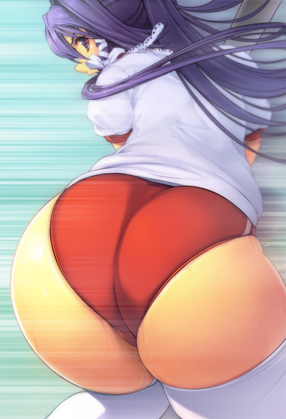 yoko juusuke, fujibayashi kyou, clannad, 00s, 1girl, ass, bent over, buruma, female focus, from behind, gym uniform, long hair, looking back, purple eyes, purple hair, solo, sweat, thighhighs, white thighhighs