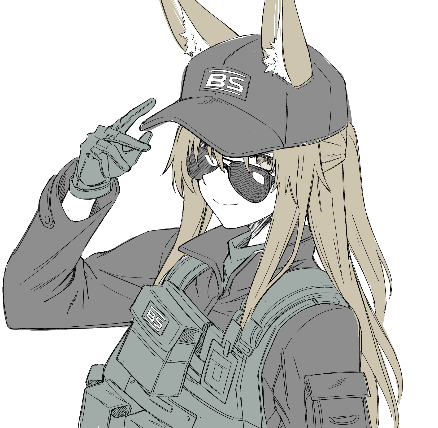 kyoro (kyoroillust), franka (arknights), arknights, commentary, highres, 1girl, animal ears, arm at side, arm pouch, baseball cap, black-framed eyewear, black hat, black shirt, brown eyes, brown hair, bulletproof vest, closed mouth, collared shirt, crooked eyewear, fox ears, fox girl, from side, gloves, green gloves, half updo, hand up, hat, limited palette, long sleeves, looking at viewer, one side up, ponytail, shirt, sideways glance, simple background, smile, solo, sunglasses, upper body, white background