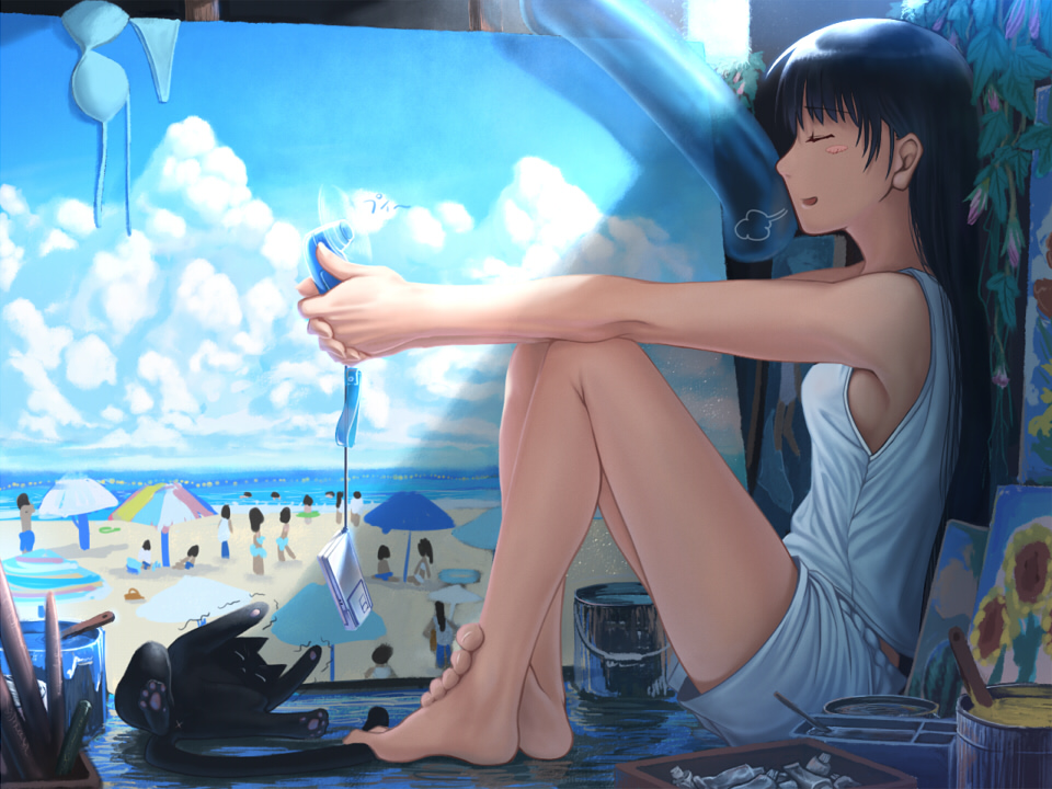 lain, original, 1girl, armpits, art brush, barefoot, beach, black cat, black hair, blush, bra, casual, cat, cellphone, closed eyes, cloud, day, electric fan, feet, female focus, innertube, leaf, legs, lingerie, long hair, ocean, outdoors, paint, paintbrush, painting (object), panties, phone, profile, shorts, sideways, sigh, sitting, sky, sleeveless, slice of life, solo, swim ring, trembling, underwear