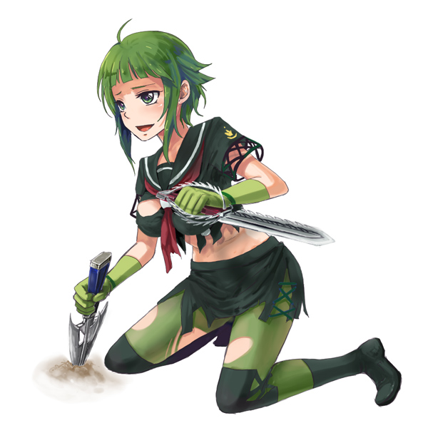 otosume ruiko, saijo tamamo, saijou tamamo, zaregoto series, 1girl, ahoge, boots, breasts, elbow gloves, female focus, gloves, green eyes, green hair, knife, matching hair/eyes, midriff, pantyhose, school uniform, serafuku, small breasts, solo, torn clothes, torn pantyhose
