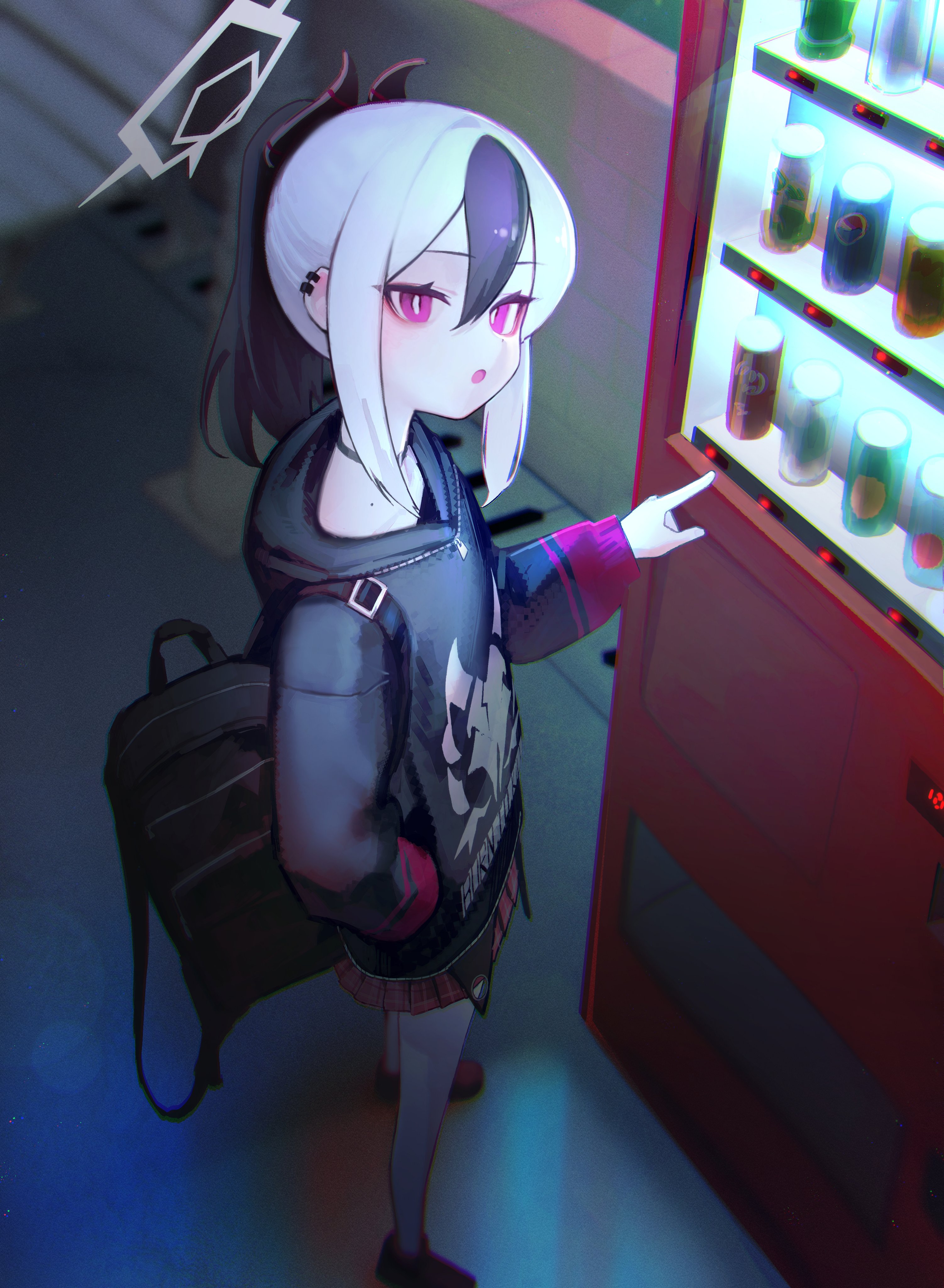 yoon cook, kayoko (blue archive), blue archive, absurdres, commentary, highres, symbol-only commentary, 1girl, backpack, bag, black choker, black hair, can, choker, hair between eyes, halo, hand in pocket, hood, hood down, hoodie, horns, long sleeves, looking at viewer, mole, mole on neck, multicolored hair, parted lips, pleated skirt, pointing, red eyes, red skirt, shoes, skirt, solo, standing, vending machine, white hair