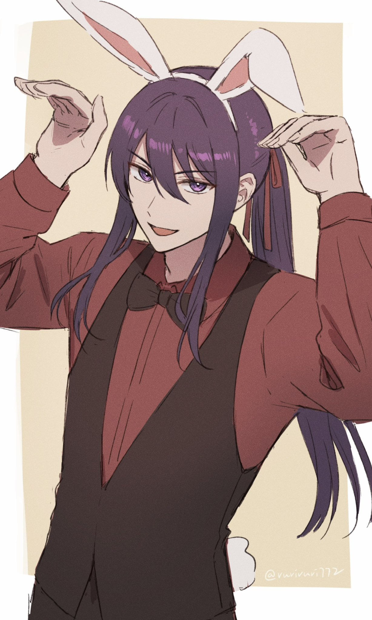 ruriruri772, kanzaki souma, ensemble stars!, highres, 1boy, :d, animal ear hairband, animal ears, arms up, bishounen, black bow, black bowtie, black vest, border, bow, bowtie, collared shirt, fake animal ears, hair between eyes, hair intakes, hair ribbon, hairband, long hair, long sleeves, looking at viewer, male focus, official alternate costume, open mouth, outside border, paw pose, ponytail, purple eyes, purple hair, rabbit ears, rabbit tail, red ribbon, red shirt, ribbon, shirt, sidelocks, smile, solo, tail, traditional bowtie, twitter username, v-shaped eyebrows, vest, white border, yellow background