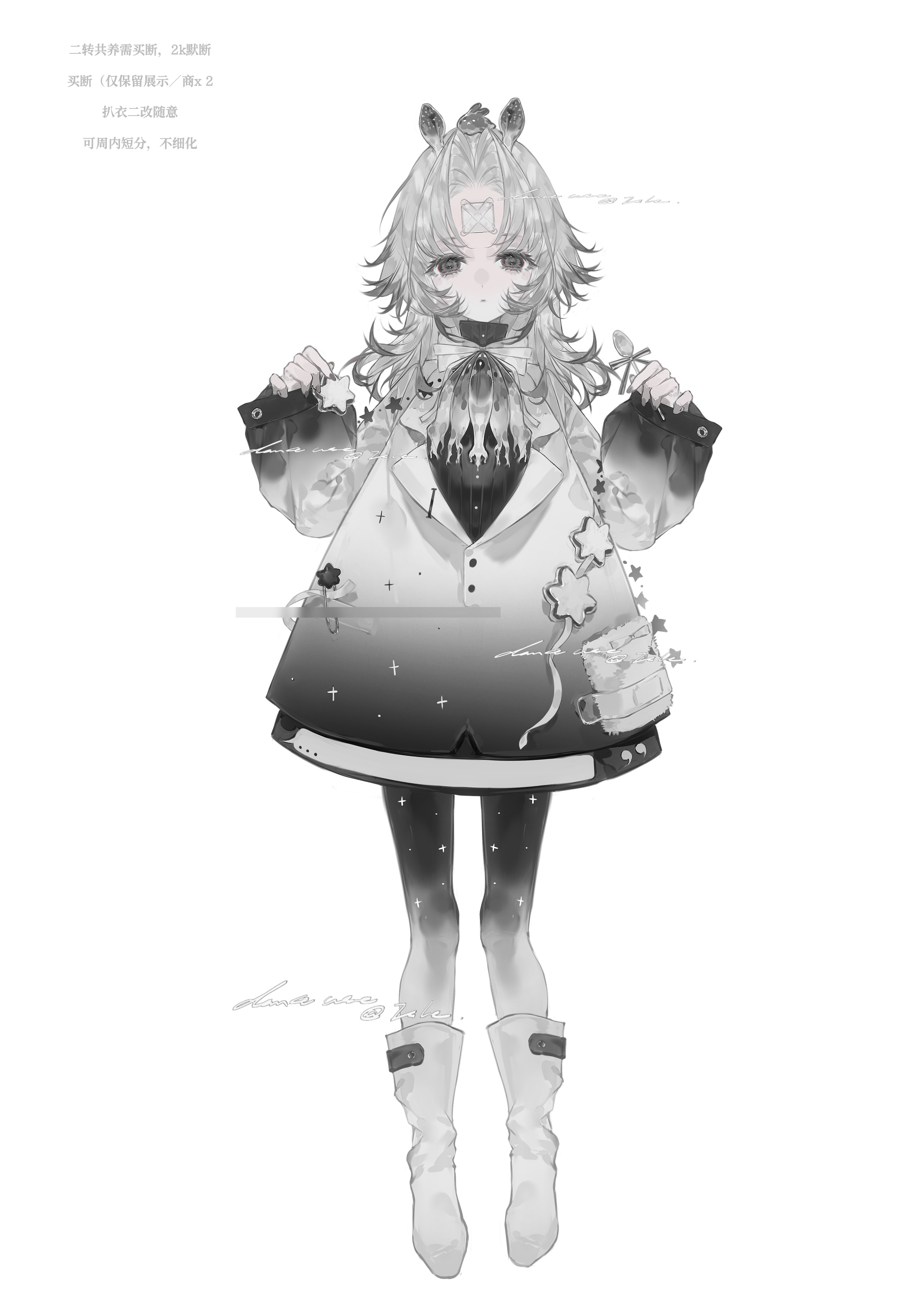 original, absurdres, highres, 1girl, boots, dress, full body, grey hair, greyscale, heilanshuimuchu, long hair, long sleeves, looking at viewer, monochrome, pantyhose, parted bangs, simple background, solo, standing, white background, white boots