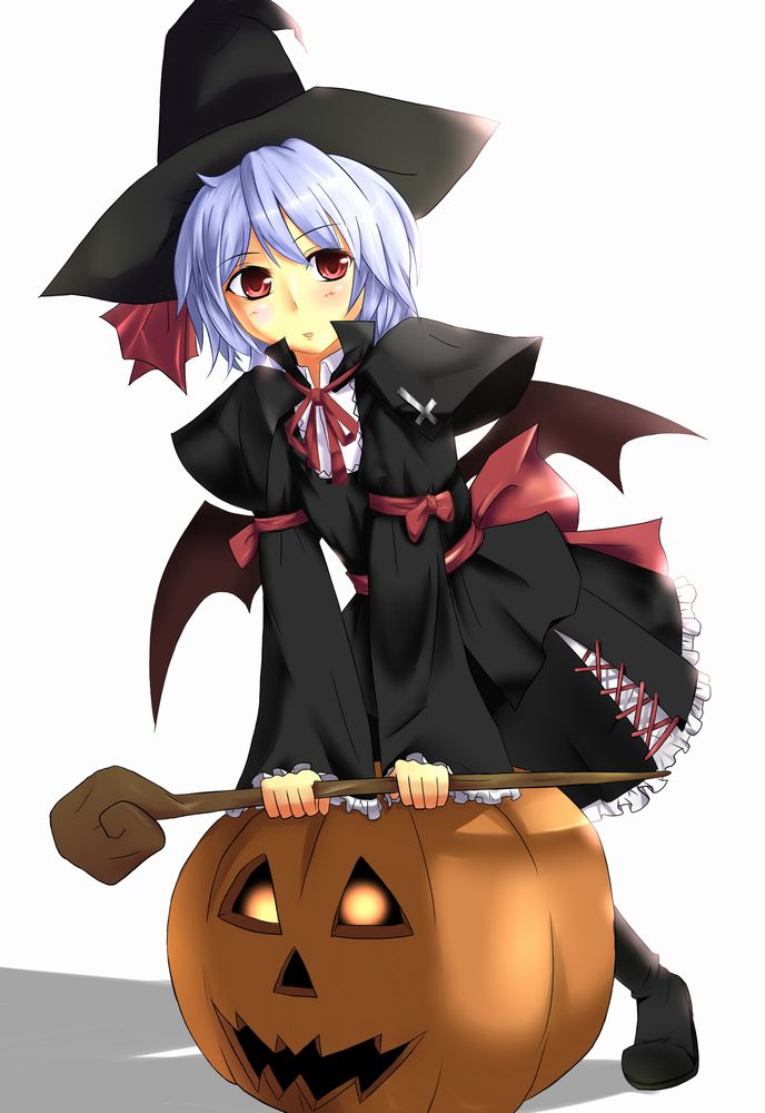 meso-meso, meso (pixiv), remilia scarlet, touhou, bad id, bad pixiv id, 1girl, blue hair, female focus, hat, jack-o'-lantern, pumpkin, ribbon, short hair, solo, staff, wings