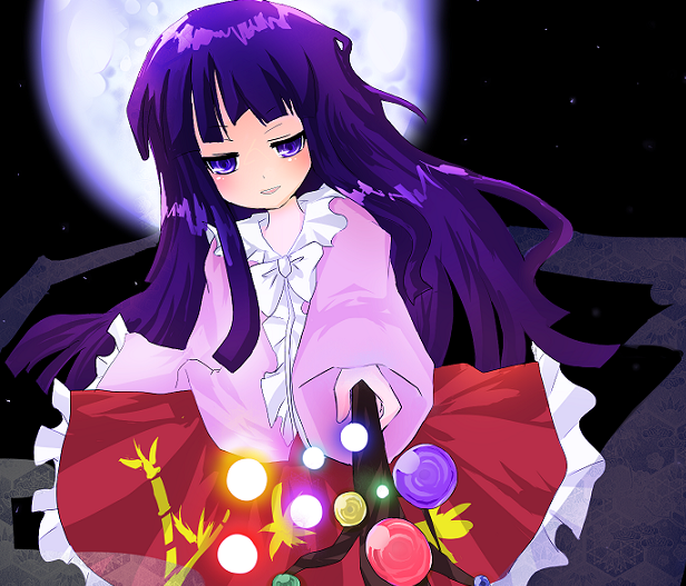 tsukikusa, houraisan kaguya, touhou, 1girl, female focus, long hair, moon, outdoors, ribbon, sky, solo, standing