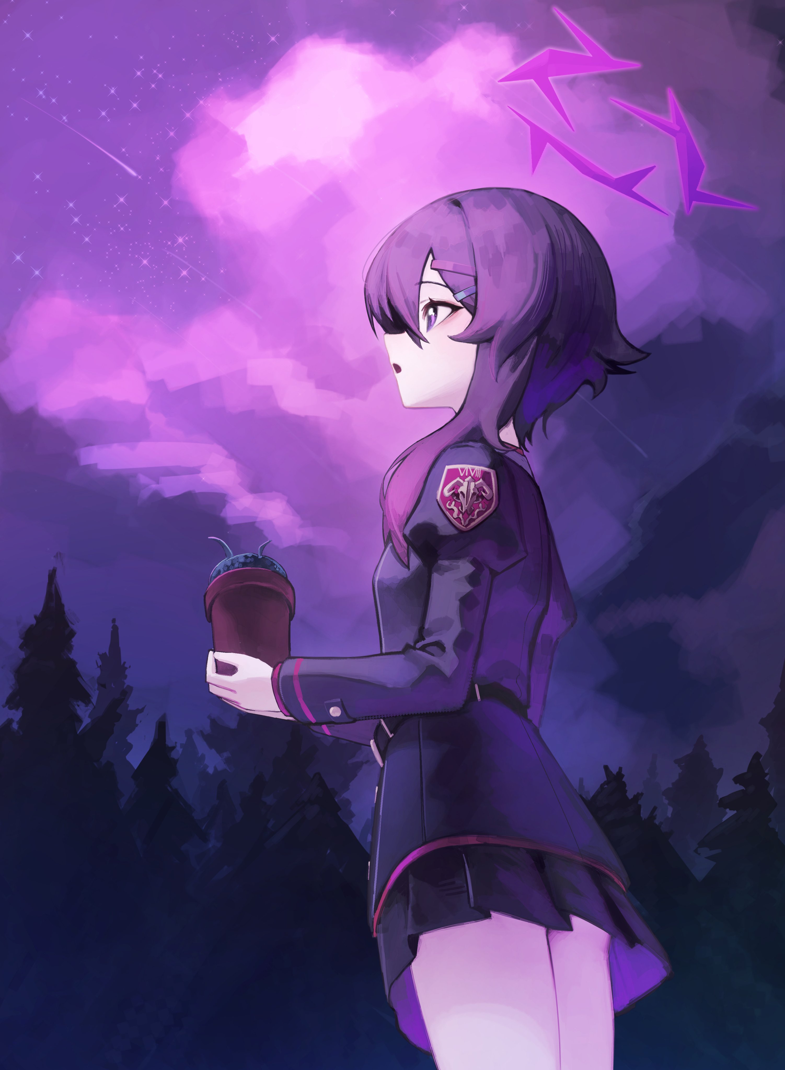 yoon cook, haruka (blue archive), blue archive, absurdres, commentary, highres, symbol-only commentary, 1girl, black jacket, black skirt, cloud, flower pot, from side, hair ornament, hairclip, halo, holding, holding flower pot, jacket, juliet sleeves, long sleeves, miniskirt, night, outdoors, parted lips, pleated skirt, profile, puffy sleeves, purple eyes, purple hair, purple sky, shooting star, skirt, sky, solo, star (sky), tree