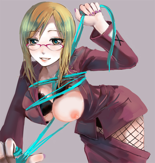 otosume ruiko, shisei yuma, zaregoto series, 1girl, black bra, blonde hair, bra, bra lift, breasts, brown eyes, brown hair, clothes pull, female focus, fishnet pantyhose, fishnets, formal clothes, glasses, large breasts, leaning forward, lingerie, looking at viewer, nail polish, nipples, one breast out, pantyhose, purple nails, ribbon, skirt, skirt pull, skirt suit, smile, solo, suit, teacher, underwear