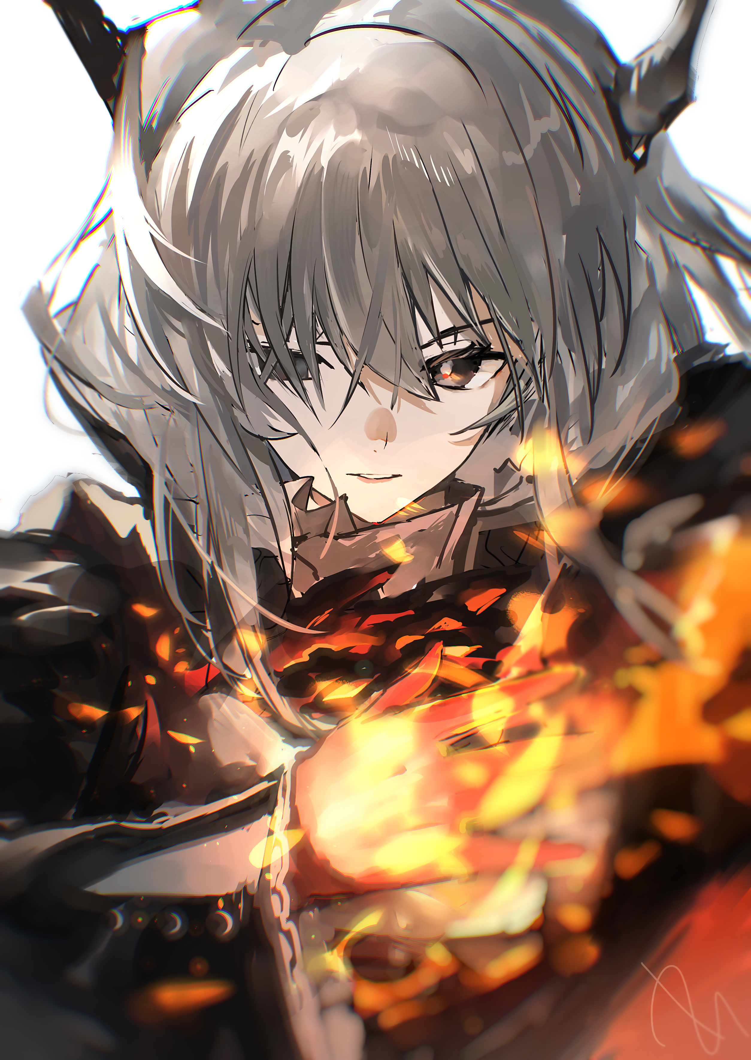 sudadachi, talulah (arknights), arknights, absurdres, commentary, highres, 1girl, black eyes, black horns, black jacket, chromatic aberration, fire, grey hair, hair between eyes, hair over one eye, horns, jacket, long sleeves, magic, parted lips, pyrokinesis, short hair, signature, simple background, solo, upper body, white background