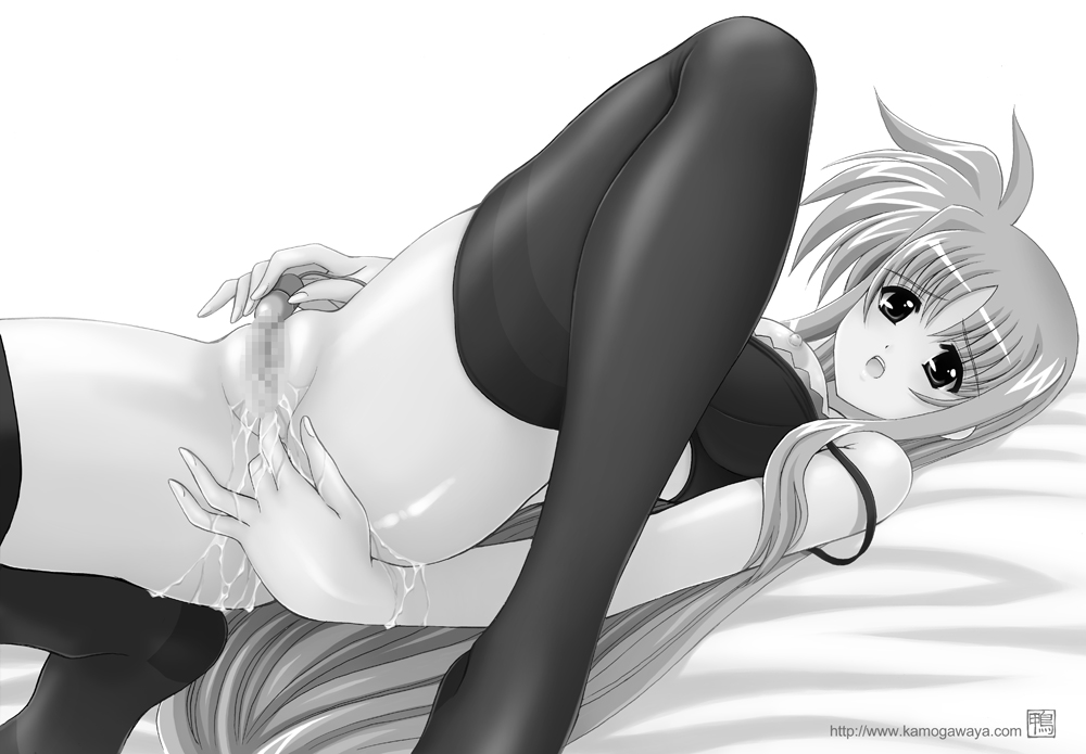 kamogawa tanuki, fate testarossa, lyrical nanoha, mahou shoujo lyrical nanoha, mahou shoujo lyrical nanoha strikers, 00s, 1girl, anal, anal fingering, bottomless, bra, bra pull, breasts, censored, clothes pull, female focus, female masturbation, fingering, greyscale, lingerie, long hair, long legs, lying, masturbation, monochrome, nipples, pussy, pussy juice, sex toy, small breasts, solo, spread legs, strap slip, thighhighs, underwear, vibrator