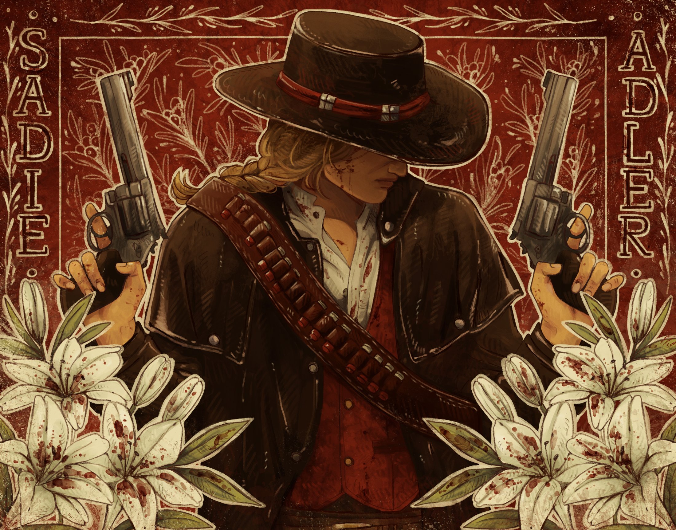 sadie adler, red dead redemption (series), red dead redemption 2, highres, 1girl, blood, blood on clothes, cowboy western, flower, gun, handgun, hat, holding, holding gun, holding weapon, long coat, revolver, solo, tvbeaxx, vest, weapon