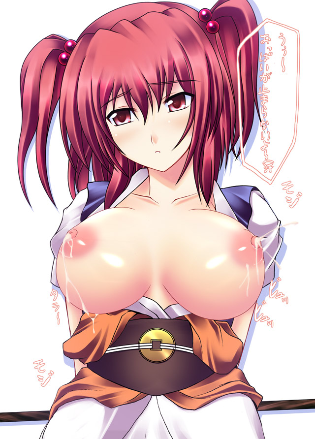 kuronezumi, onozuka komachi, touhou, translated, 1girl, breasts, breasts apart, female focus, lactation, large breasts, nipples, open clothes, open shirt, red eyes, red hair, shirt, short hair, solo, twintails, two side up