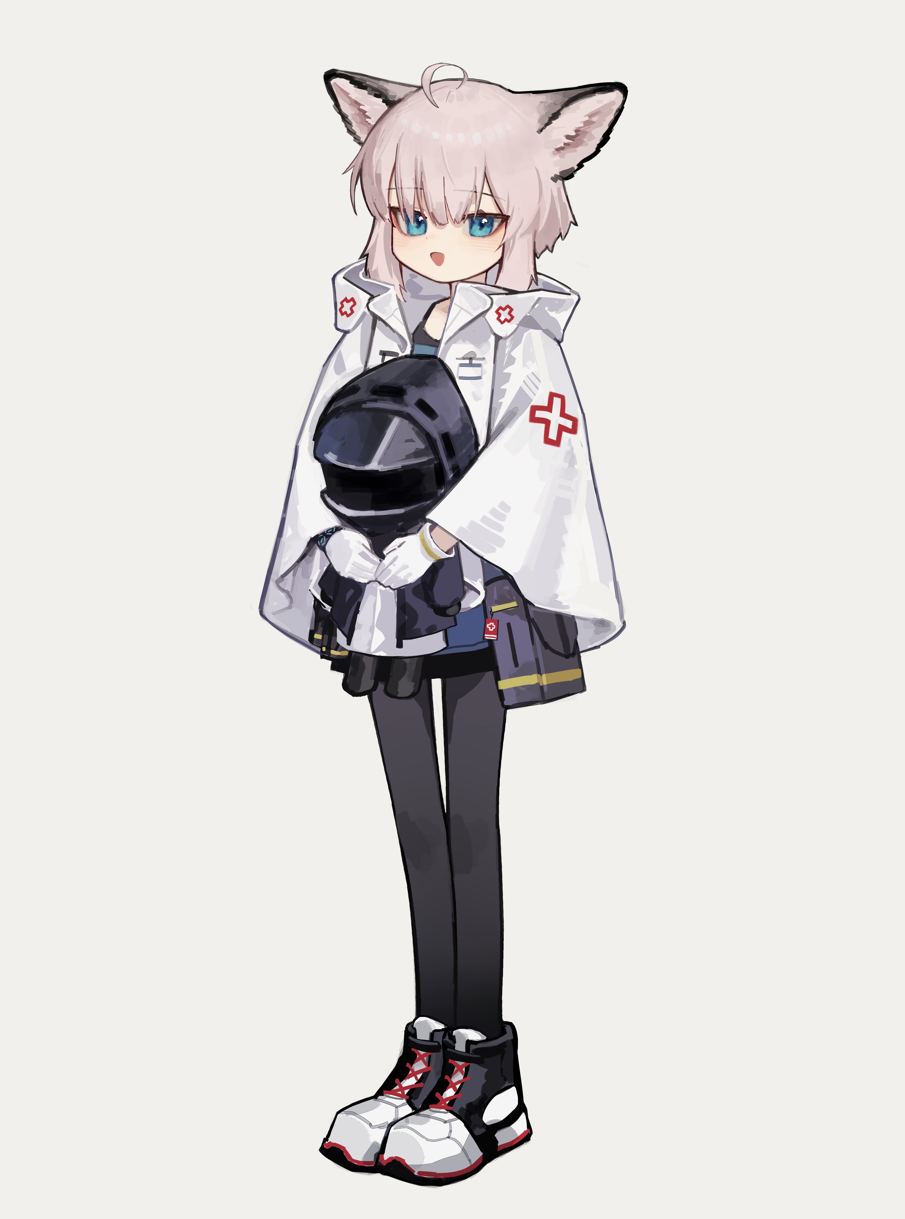 yoon cook, doctor (arknights), sussurro (arknights), arknights, absurdres, commentary, highres, symbol-only commentary, 1girl, animal ears, blue eyes, boots, character doll, cloak, cross, doll, fox ears, fox girl, full body, gloves, grey background, grey hair, hair between eyes, holding, long sleeves, looking at viewer, open mouth, pantyhose, red cross, short hair, sidelocks, simple background, solo, standing, white cloak, white gloves