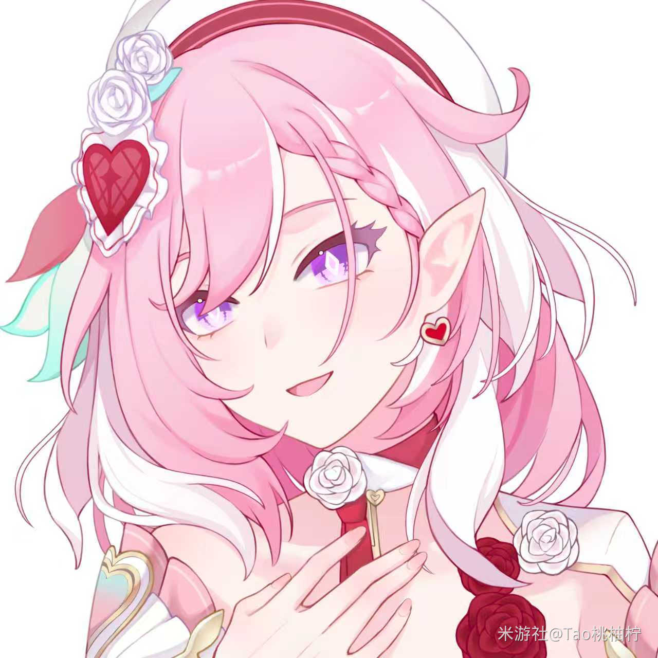 elysia (hi love elf) (honkai impact), elysia (honkai impact), honkai (series), honkai impact 3rd, chinese commentary, commentary request, highres, 1girl, beret, diamond-shaped pupils, diamond (shape), earrings, elf, hat, heart, heart earrings, jewelry, miyoushe watermark, multicolored hair, pink hair, pointy ears, purple eyes, short hair, simple background, smile, solo, symbol-shaped pupils, tao tao you ning, two-tone hair, upper body, watermark, white background, white hair