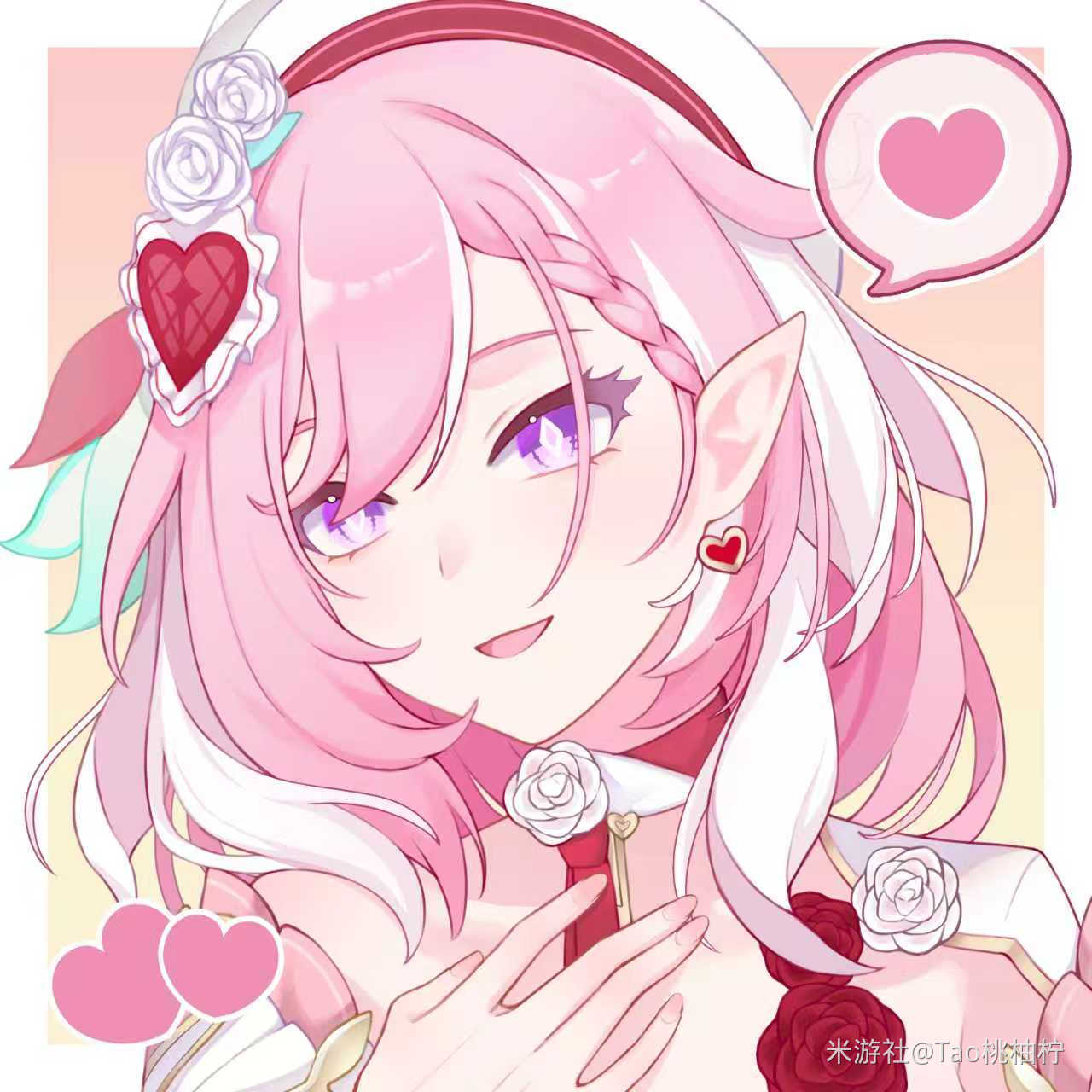 elysia (hi love elf) (honkai impact), elysia (honkai impact), honkai (series), honkai impact 3rd, chinese commentary, commentary request, highres, 1girl, beret, border, diamond-shaped pupils, diamond (shape), earrings, elf, hat, heart, heart earrings, jewelry, miyoushe watermark, multicolored hair, pink background, pink hair, pointy ears, purple eyes, short hair, smile, solo, spoken heart, symbol-shaped pupils, tao tao you ning, two-tone hair, upper body, watermark, white border, white hair