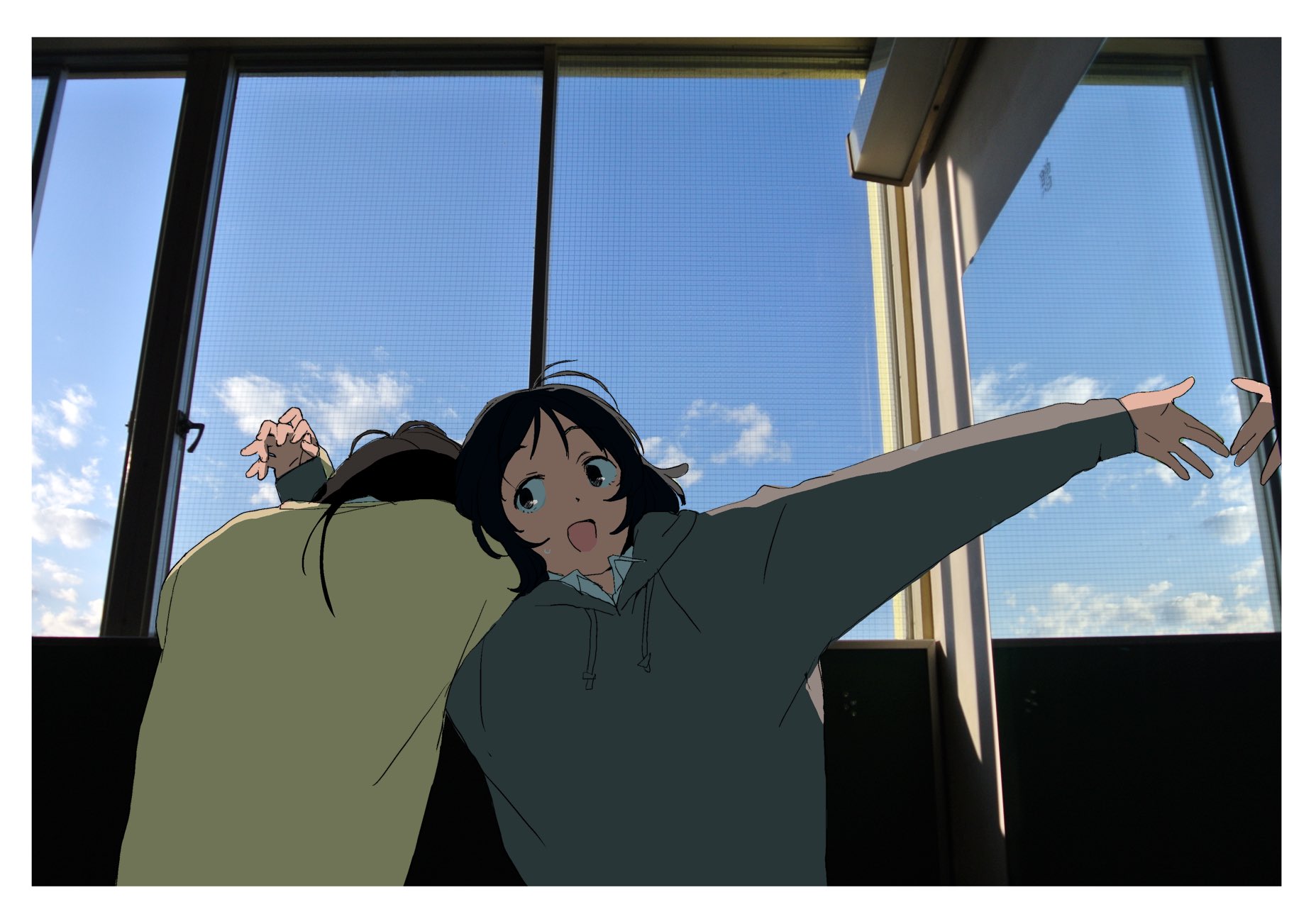 hamayakikaijo, original, highres, 2girls, :d, black eyes, black hair, blue sky, cloud, cloudy sky, day, hood, indoors, looking at viewer, multiple girls, open mouth, sky, smile, upper body, window