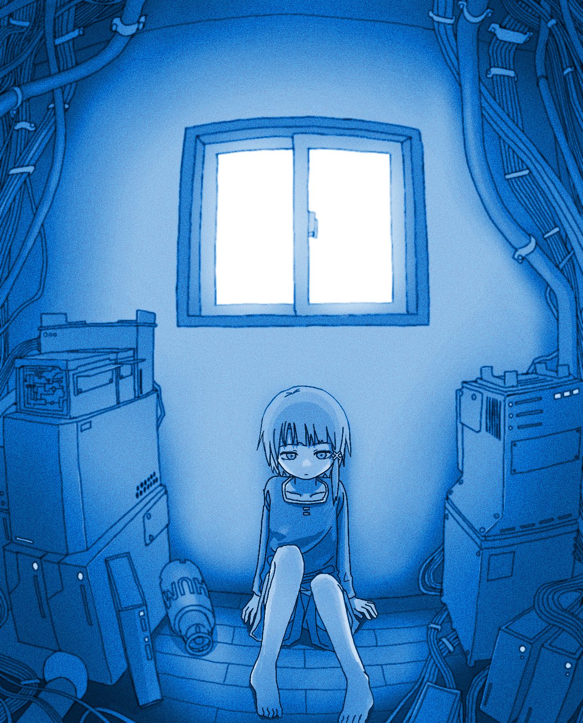 sano (snsk3470), iwakura lain, serial experiments lain, highres, 1girl, barefoot, blue theme, cable, closed mouth, collarbone, expressionless, hair ornament, indoors, knees up, monochrome, shirt, short hair, shorts, single sidelock, sitting, solo, toes, window, x hair ornament
