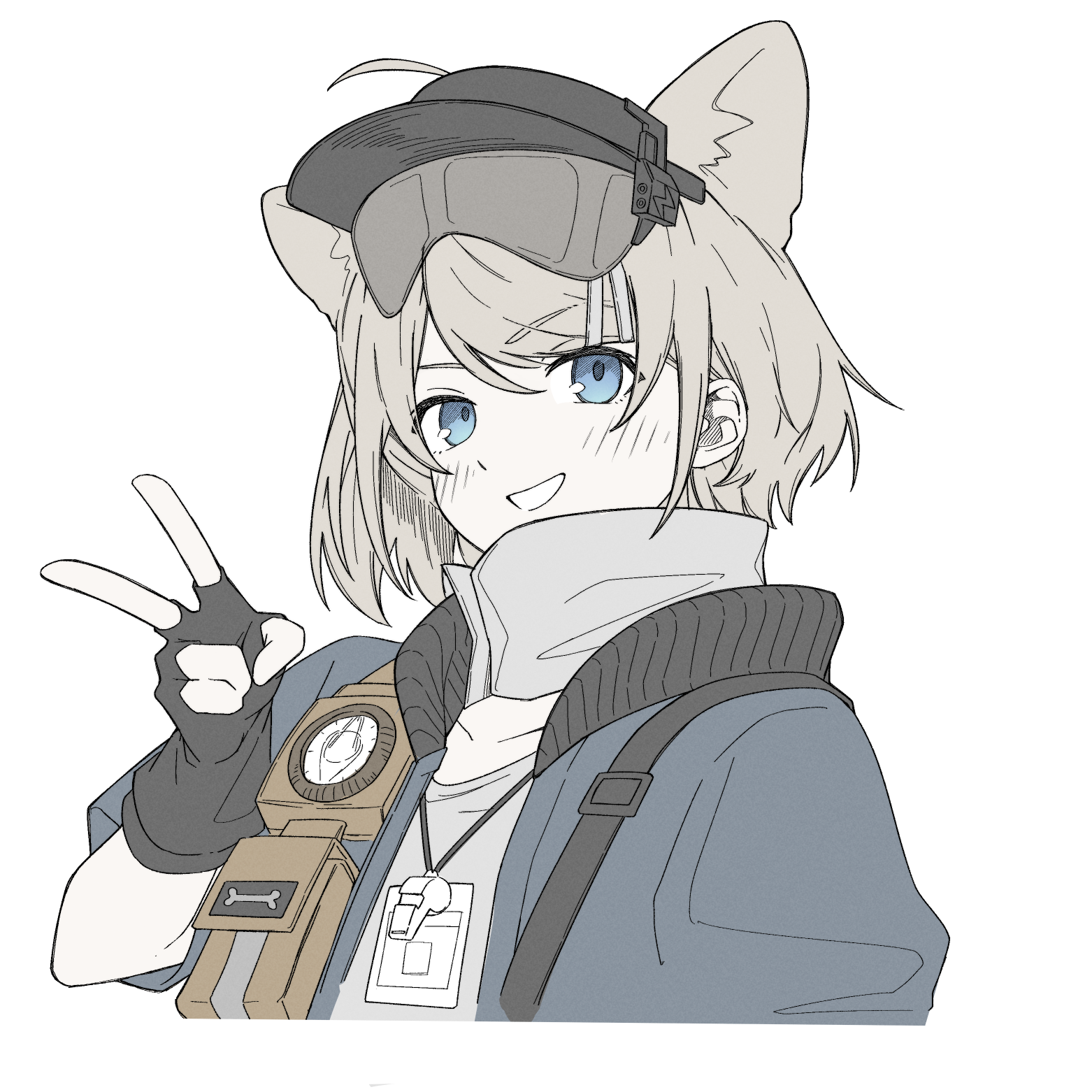 kyoro (kyoroillust), almond (arknights), arknights, chinese commentary, commentary, highres, mixed-language commentary, 1girl, :d, ahoge, animal ears, arm at side, bandana, bandana around neck, black gloves, blue eyes, blue jacket, collared jacket, cropped torso, dog ears, dog girl, fingerless gloves, flat color, gloves, grey bandana, grey hair, grey shirt, grin, hand up, id card, jacket, lanyard, long sleeves, looking at viewer, open mouth, shirt, short hair, sidelocks, simple background, smile, solo, teeth, v, visor cap, whistle, whistle around neck, white background