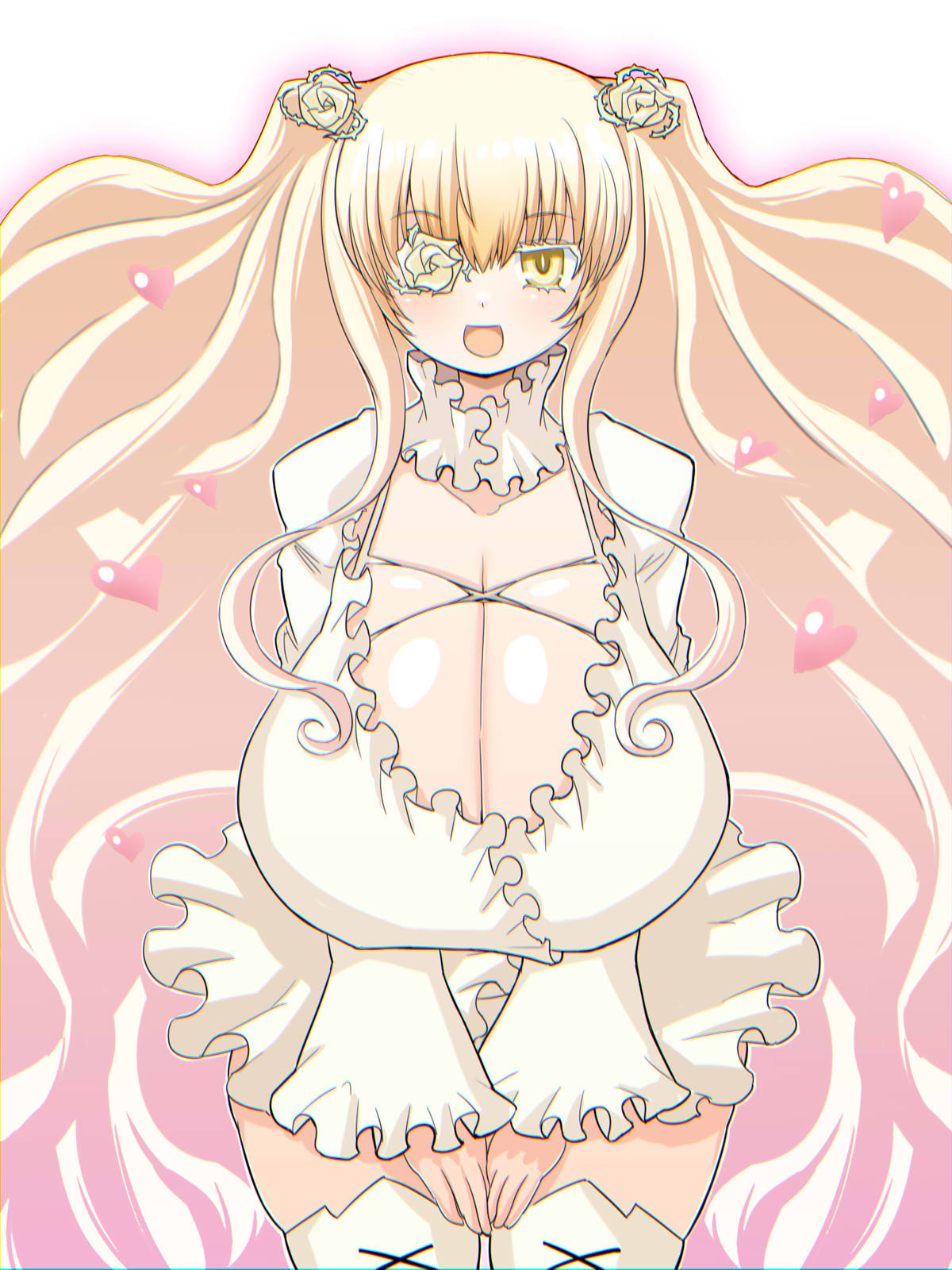itini-sanshi, kirakishou, rozen maiden, commentary request, highres, 1girl, :d, absurdly long hair, alternate breast size (larger), blonde hair, blush, breasts, cleavage, cowboy shot, flower, flower over eye, frilled shirt, frilled skirt, frills, hair flower, hair ornament, heart, huge breasts, leaning forward, lolita fashion, long hair, looking at viewer, open mouth, rose, shirt, sidelocks, simple background, skirt, smile, solo, very long hair, wavy hair, white background, white flower, white rose, white shirt, white skirt, yellow eyes