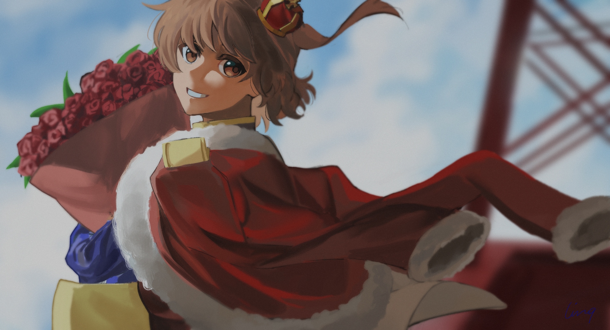 ling (chaaaaanhikari), aijou karen, shoujo kageki revue starlight, commentary, english commentary, highres, 1girl, blue jacket, blue sky, blurry, blurry background, bouquet, brown eyes, brown hair, cloud, crown, day, floating hair, flower, from side, fur-trimmed jacket, fur trim, grin, hand up, holding, holding bouquet, hugging object, jacket, jacket on shoulders, long sleeves, looking at viewer, looking to the side, mini crown, one side up, outdoors, parted lips, red flower, red jacket, red rose, rose, short hair, sky, smile, solo, tilted headwear, tokyo tower, upper body