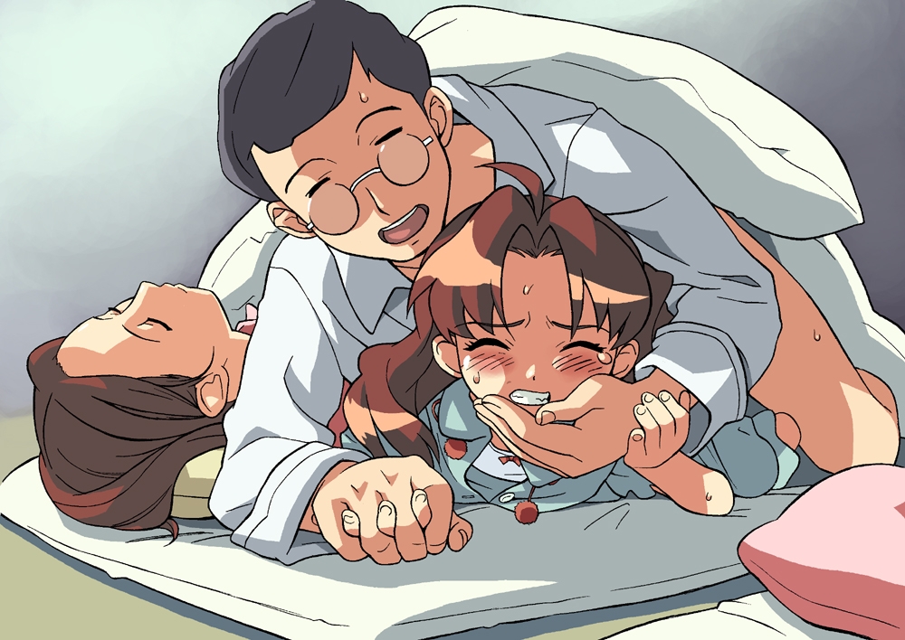 cirima, volvox, edelweiss (dokkoida), umeki mama, umeki papa, umeki ruri, dokkoida, 1boy, 2girls, age difference, bed, black hair, blush, boy on top, brown hair, clenched teeth, closed eyes, clothed sex, doggystyle, family, father and daughter, flat chest, glasses, hetero, holding hands, incest, interlocked fingers, loli, long hair, lying, mother and daughter, multiple girls, on back, on stomach, pajamas, pillow, prone bone, rape, sex, sex from behind, sleep sex, sleeping, stealth sex, sweat, tears, teeth, wince, yobai