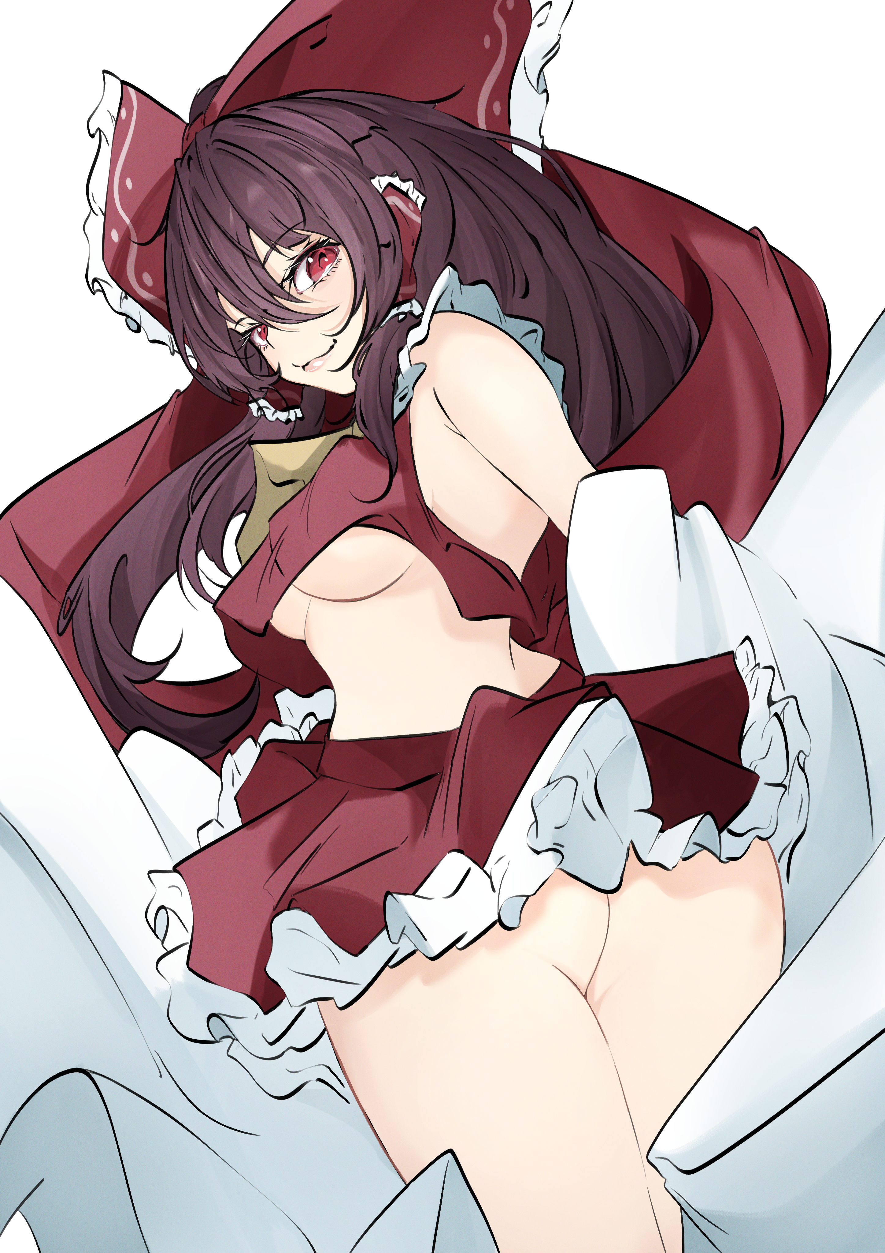 unanooo (fthx7532), hakurei reimu, touhou, absurdres, highres, 1girl, ass, bare shoulders, breasts, brown hair, closed mouth, cowboy shot, cropped shirt, detached sleeves, hair ribbon, long hair, long sleeves, looking at viewer, looking back, red eyes, red ribbon, red shirt, red skirt, ribbon, shirt, simple background, skirt, smile, solo, underboob, white background, white sleeves, wide sleeves