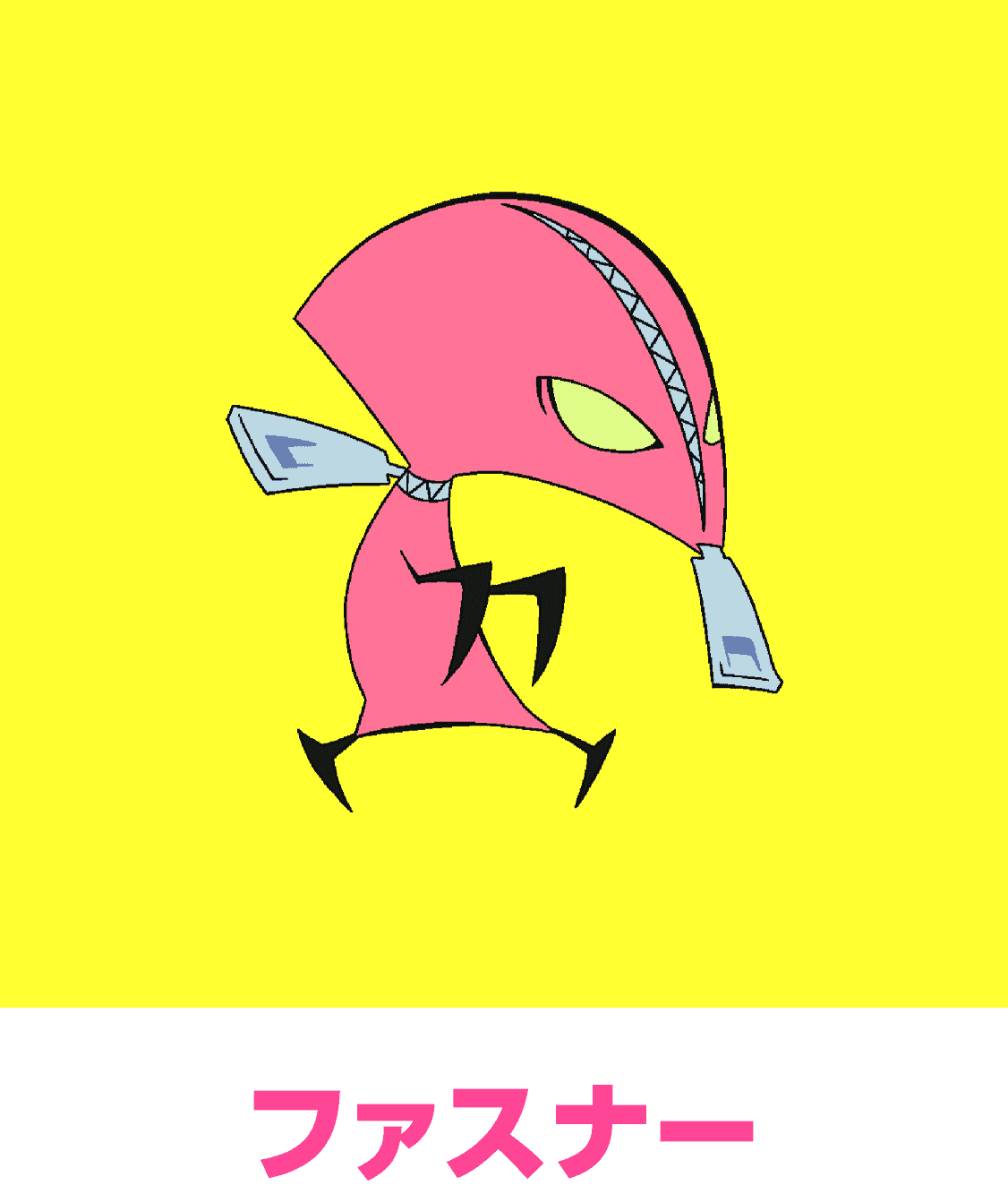fastener (psg), panty & stocking with garterbelt, trigger (company), highres, official art, 1boy, character name, colored skin, green eyes, necktie, no humans, pink skin, simple background, solo, standing, yellow background, zipper