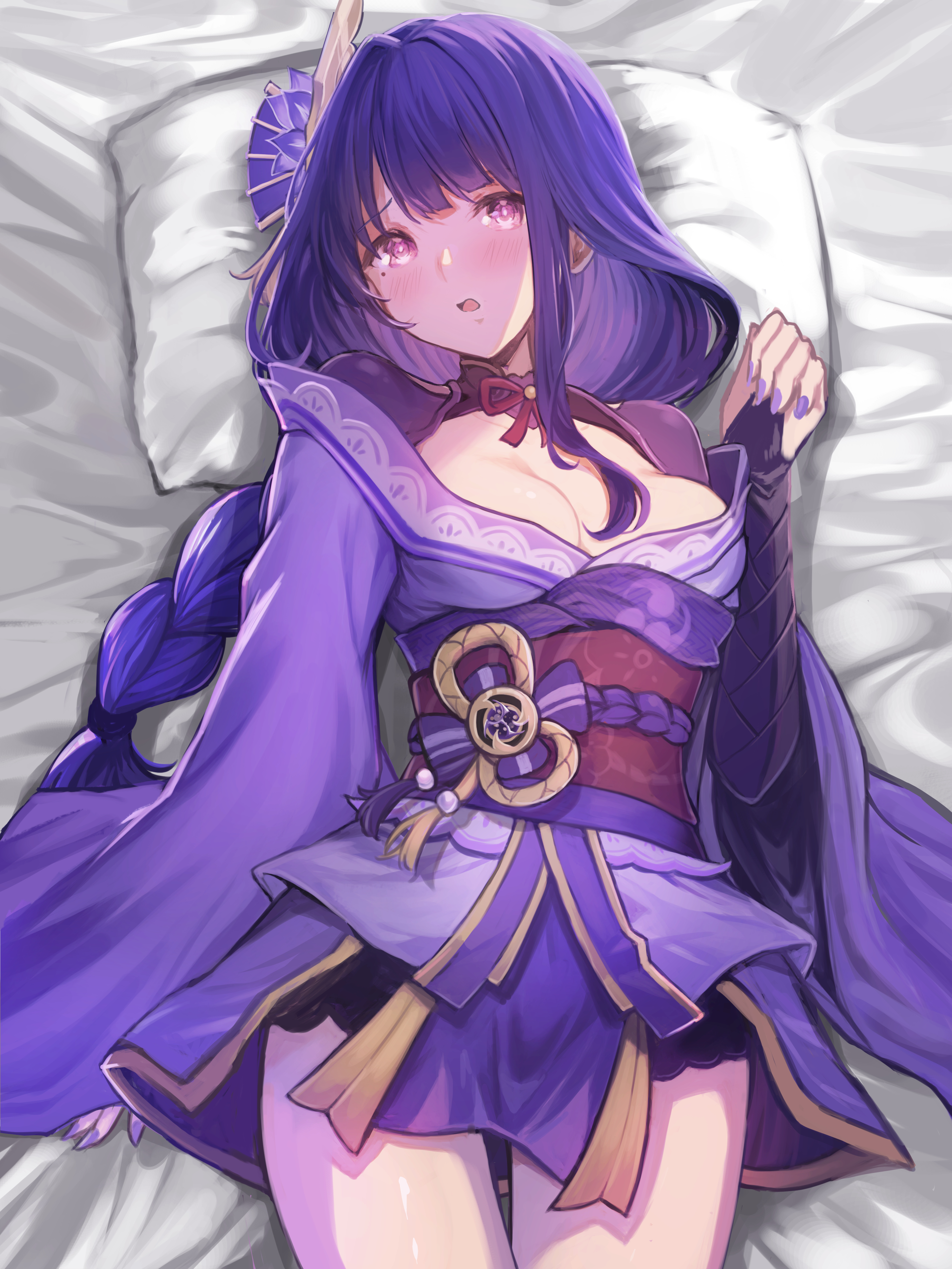 kutar22, raiden shogun, genshin impact, absurdres, commentary request, highres, paid reward available, 1girl, blush, braid, breasts, bridal gauntlets, cowboy shot, hair ornament, japanese clothes, kimono, long hair, looking at viewer, low-braided long hair, low-tied long hair, lying, obi, on back, parted lips, pillow, purple eyes, purple hair, purple kimono, purple nails, purple shrug, red sash, sash, short kimono, shrug (clothing), small breasts, solo, very long hair