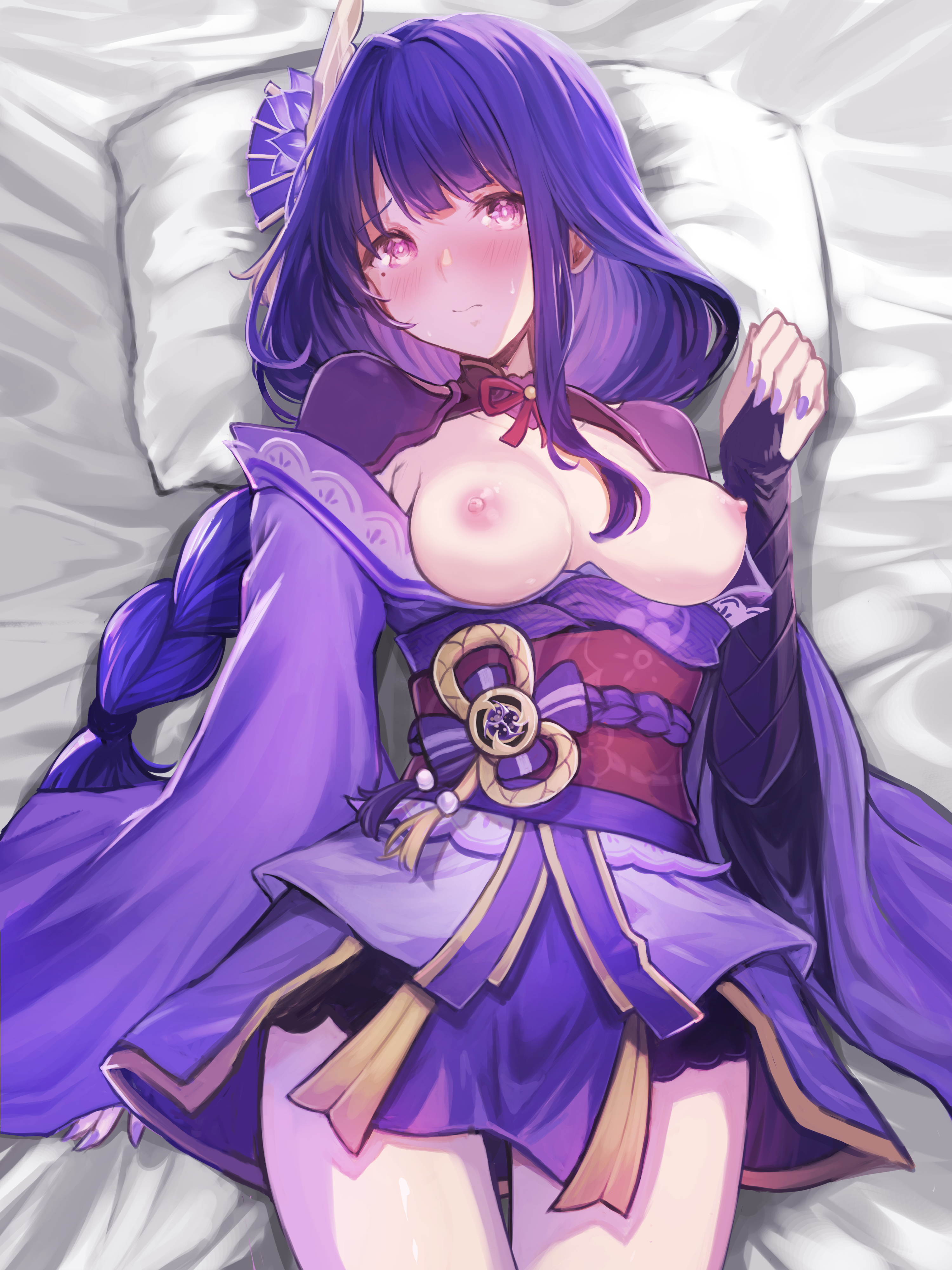 kutar22, raiden shogun, genshin impact, absurdres, commentary request, highres, paid reward available, 1girl, blush, braid, breasts, breasts out, bridal gauntlets, closed mouth, cowboy shot, hair ornament, japanese clothes, kimono, long hair, looking at viewer, low-braided long hair, low-tied long hair, lying, nipples, obi, on back, pillow, purple eyes, purple hair, purple kimono, purple nails, purple shrug, red sash, sash, short kimono, shrug (clothing), small breasts, solo, very long hair
