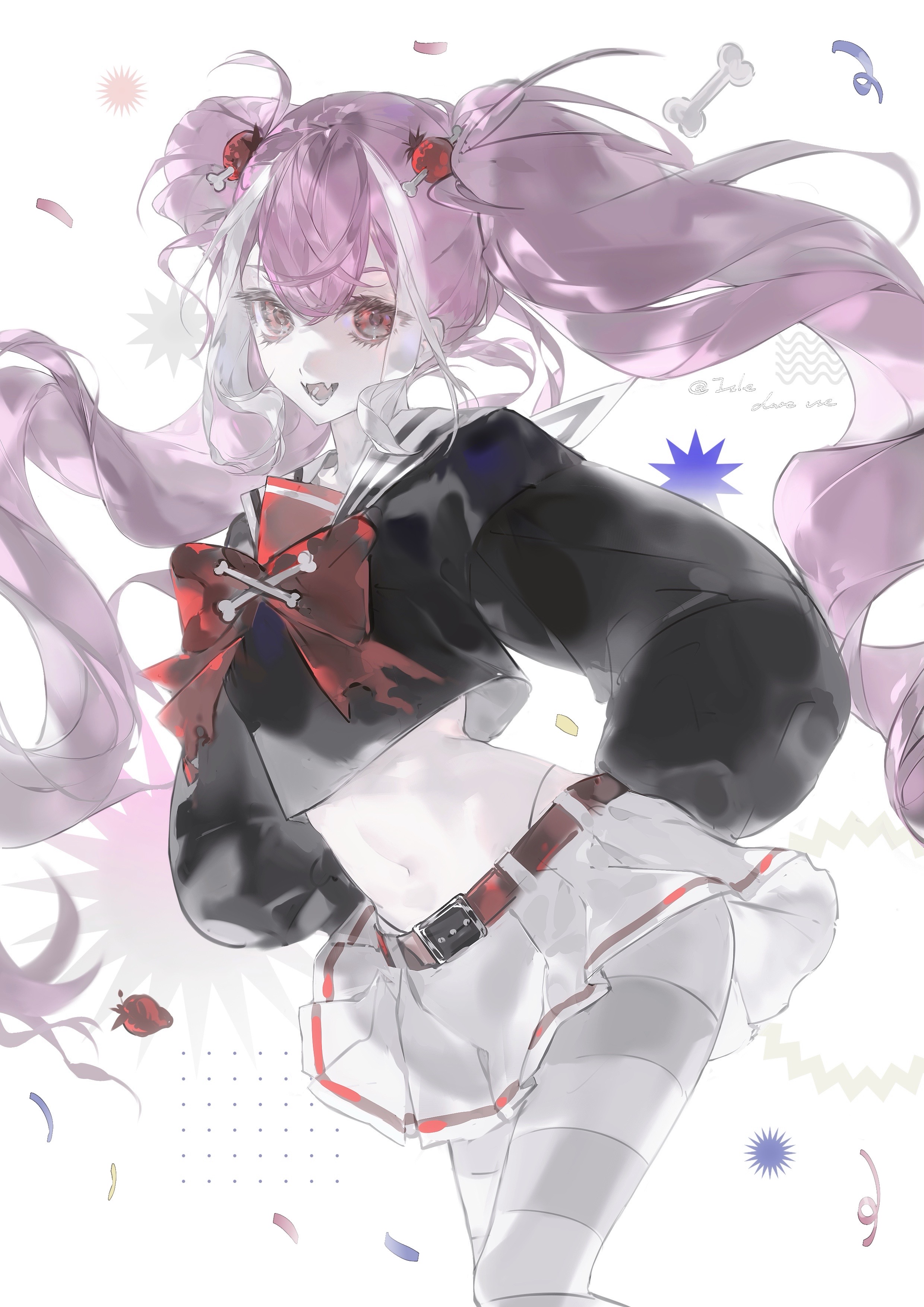original, absurdres, highres, 1girl, belt, bow, bowtie, crop top, hair between eyes, hair ornament, heilanshuimuchu, long hair, midriff, multicolored hair, navel, open mouth, pink hair, pleated skirt, red bow, red eyes, sailor collar, school uniform, skirt, smile, striped clothes, striped thighhighs, thighhighs, twintails, very long hair, white hair, white skirt