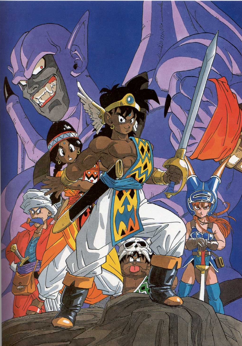 toriyama akira, abel (dq), daisy (dq), tialah, yanak, dragon quest, dragon quest yuusha abel densetsu, square enix, highres, official art, 2girls, 3boys, :o, armpits, bare shoulders, bindi, black eyes, black hair, bracelet, braid, collarbone, dark-skinned male, dark skin, demon, earrings, fangs, frown, holding, holding sword, holding weapon, jewelry, looking at viewer, multiple boys, multiple girls, parted lips, pipe in mouth, pointy ears, smoking pipe, spikes, sword, teeth, toned, weapon