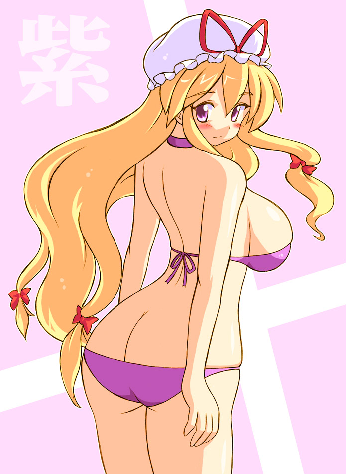 goma miso gtb, gomamiso (gomamiso sp), yakumo yukari, touhou, 1girl, ass, bikini, blonde hair, butt crack, female focus, long hair, looking at viewer, looking back, purple bikini, ribbon, solo, swimsuit