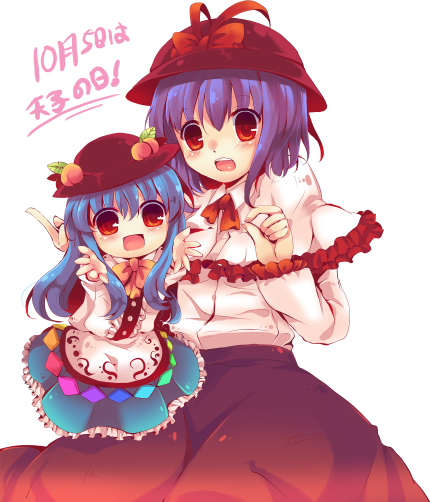 kirero, hinanawi tenshi, nagae iku, touhou, 2girls, blue hair, child, hat, multiple girls, purple hair, ribbon, short hair